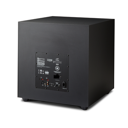 Paradigm Defiance X15 Subwoofer Rückansicht schräg mit Anschlussfeld, Black Satin