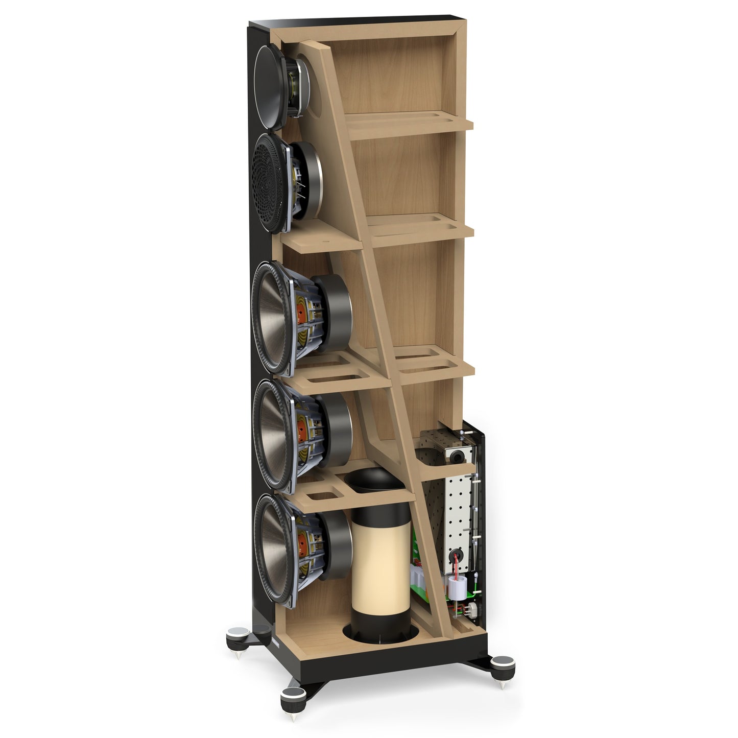 Paradigm Founder 100F Standlautsprecher Detailansicht Cutaway-Darstellung des Innenaufbaus, Black Walnut