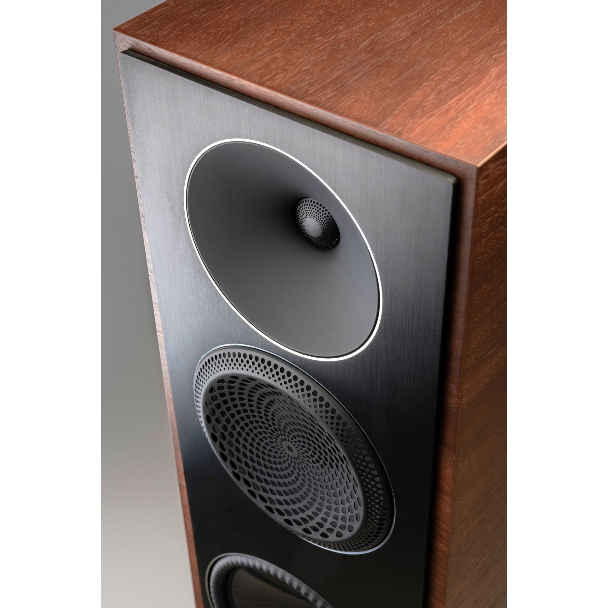 Paradigm Founder 100F Standlautsprecher Detailansicht Hochton- und Mitteltonchassis, Walnut