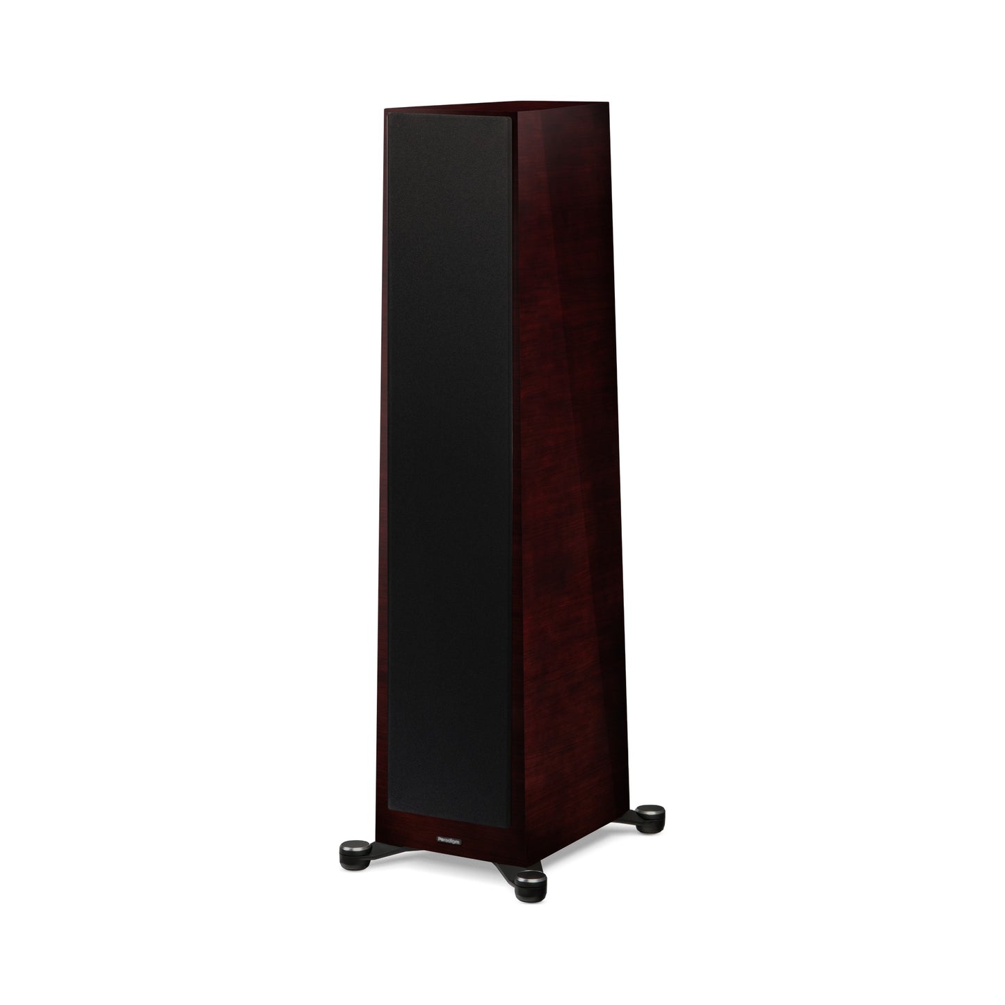 Paradigm Founder 100F Standlautsprecher Schrägansicht mit montierter Abdeckung, Midnight Cherry