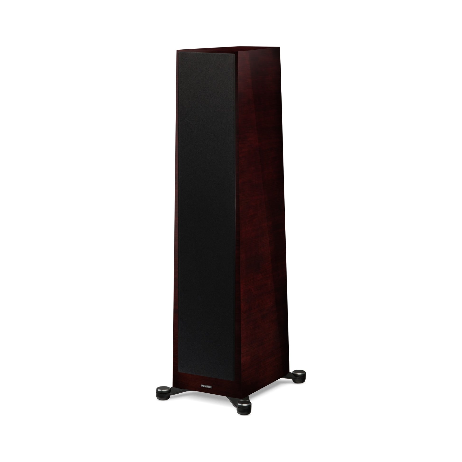 Paradigm Founder 100F Standlautsprecher Schrägansicht mit montierter Abdeckung, Midnight Cherry