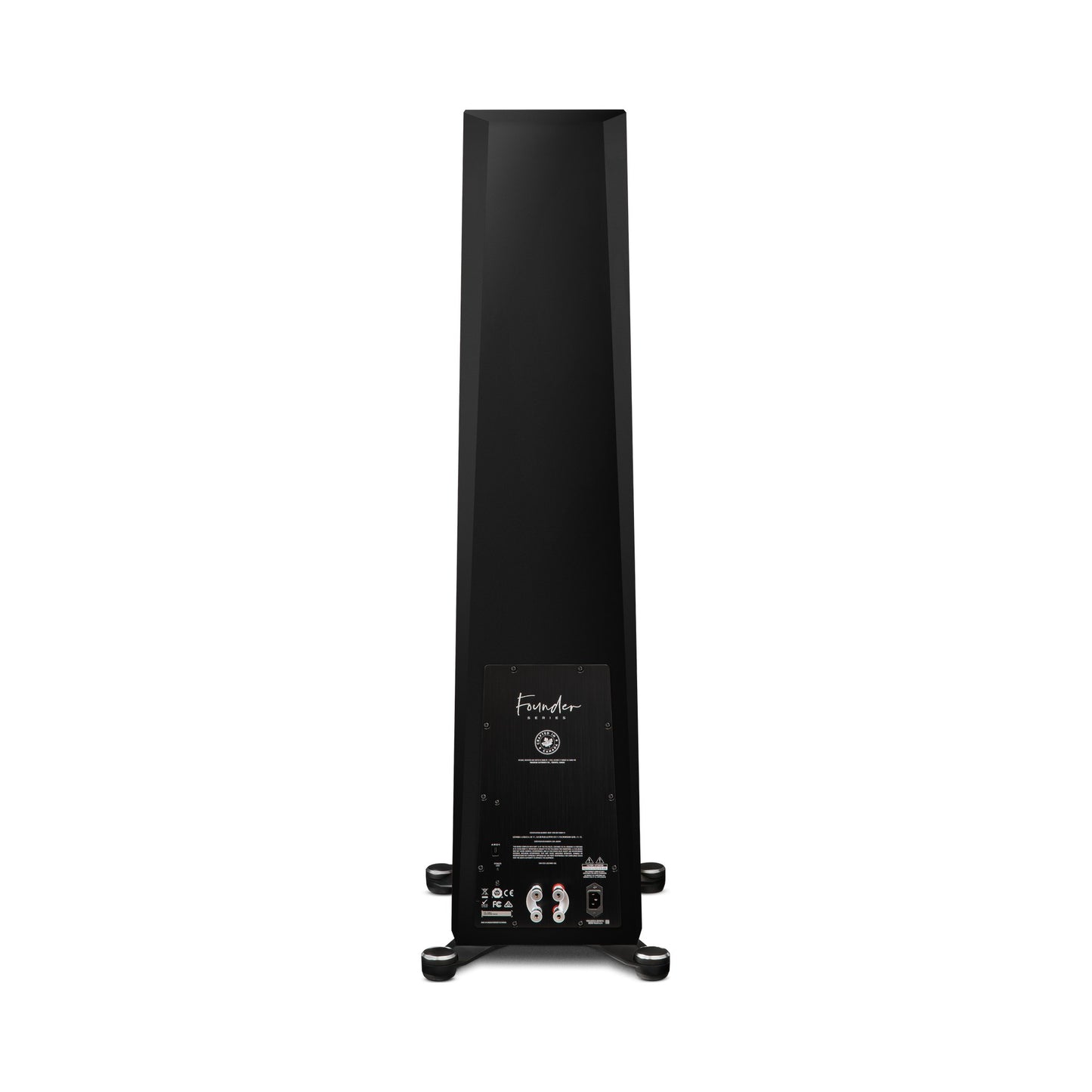 Paradigm Founder 120H Standlautsprecher Rückansicht mit Verstärkermodul und Anschlussfeld, Black Gloss