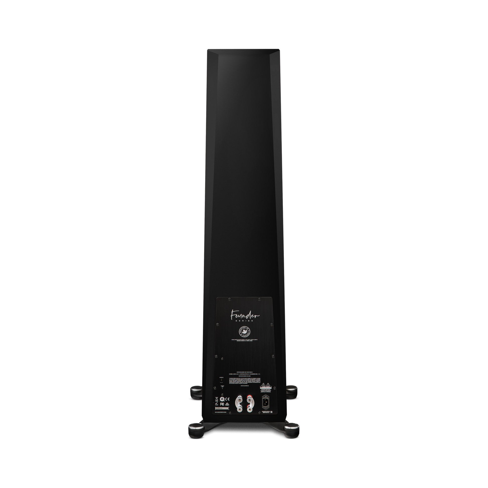 Paradigm Founder 120H Standlautsprecher Rückansicht mit Verstärkermodul und Anschlussfeld, Black Gloss