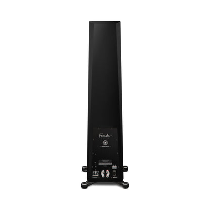 Paradigm Founder 120H Standlautsprecher Rückansicht mit Verstärkermodul und Anschlussfeld, Black Gloss