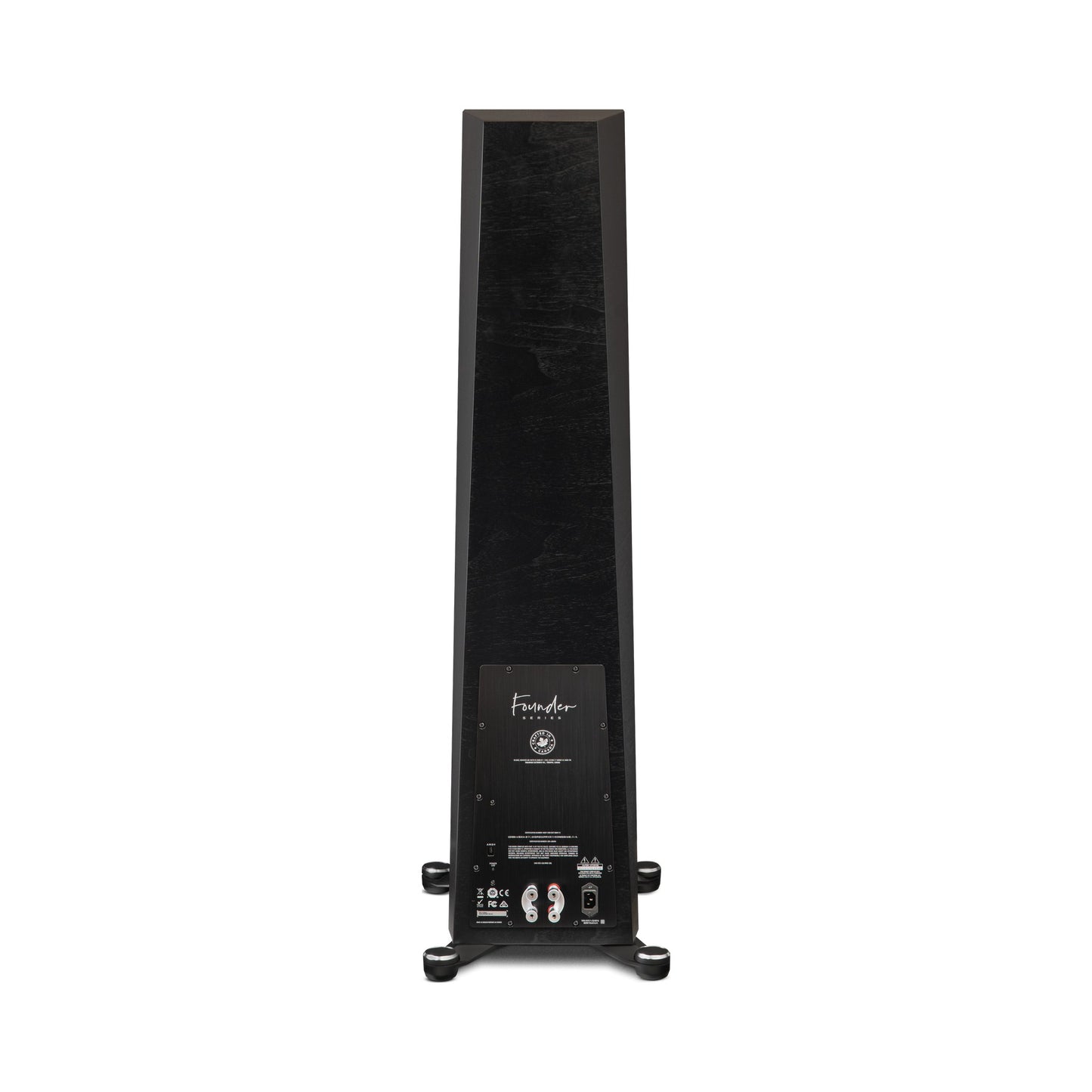 Paradigm Founder 120H Standlautsprecher Rückansicht mit Verstärkermodul und Anschlussfeld, Black Walnut