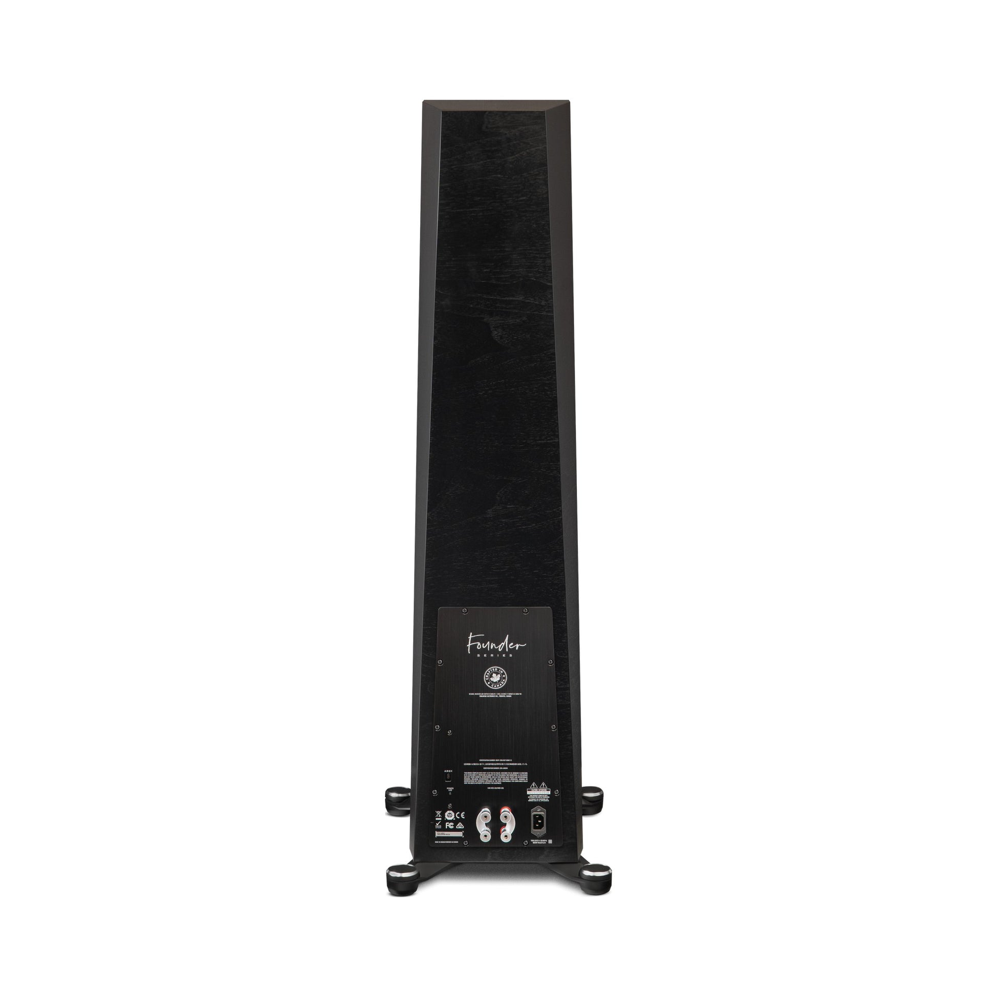 Paradigm Founder 120H Standlautsprecher Rückansicht mit Verstärkermodul und Anschlussfeld, Black Walnut