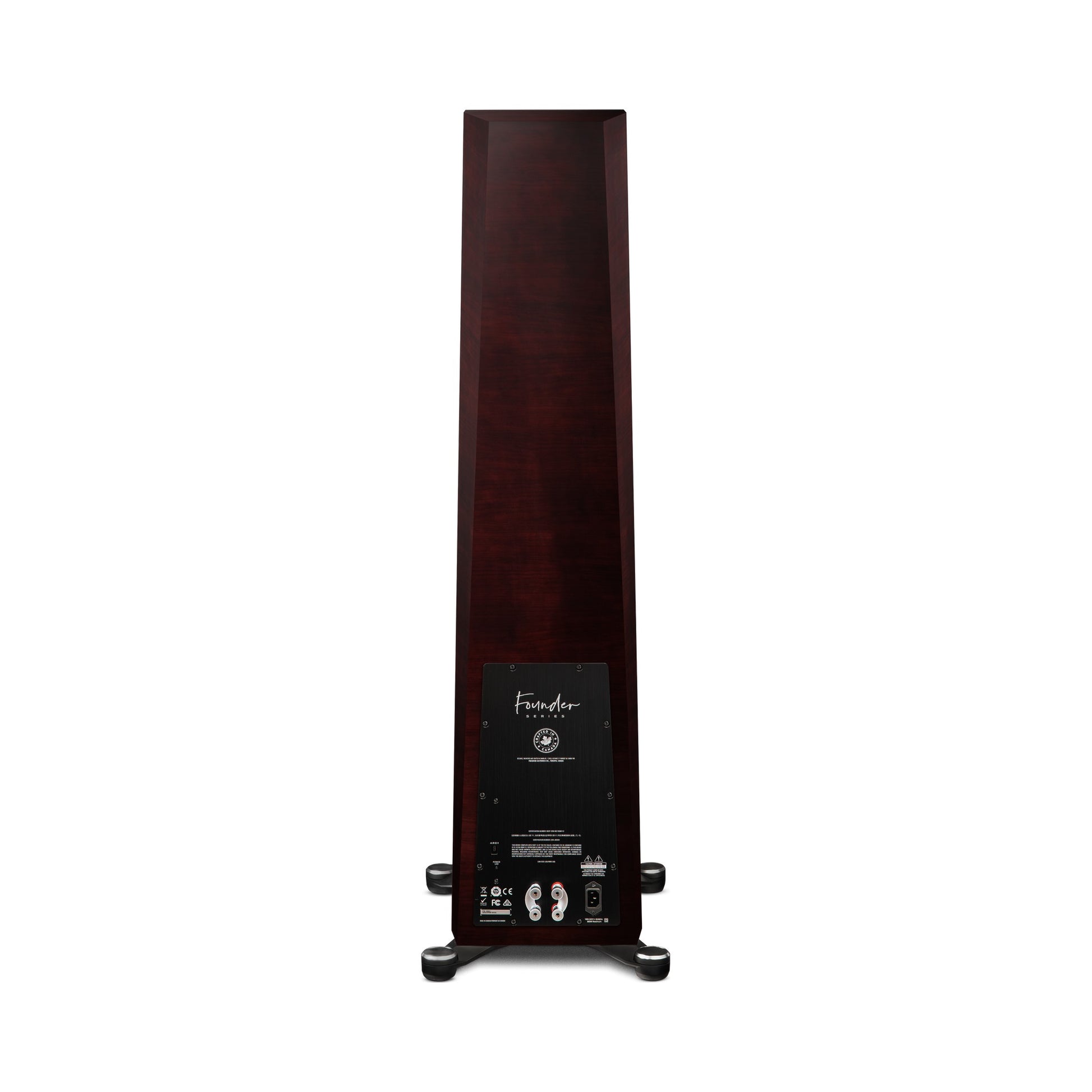 Paradigm Founder 120H Standlautsprecher Rückansicht mit Verstärkermodul und Anschlussfeld, Midnight Cherry