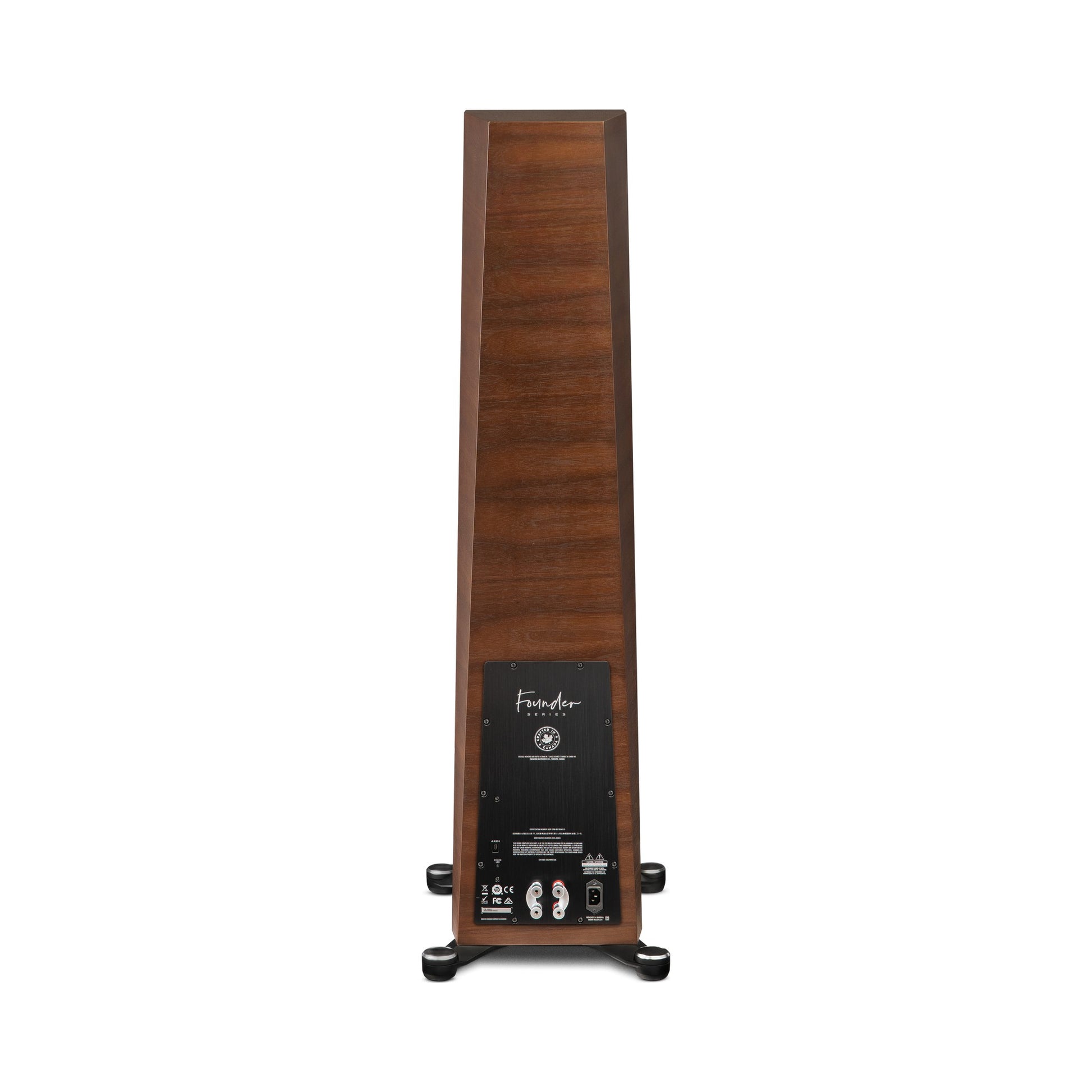 Paradigm Founder 120H Standlautsprecher Rückansicht mit Verstärkermodul und Anschlussfeld, Walnut