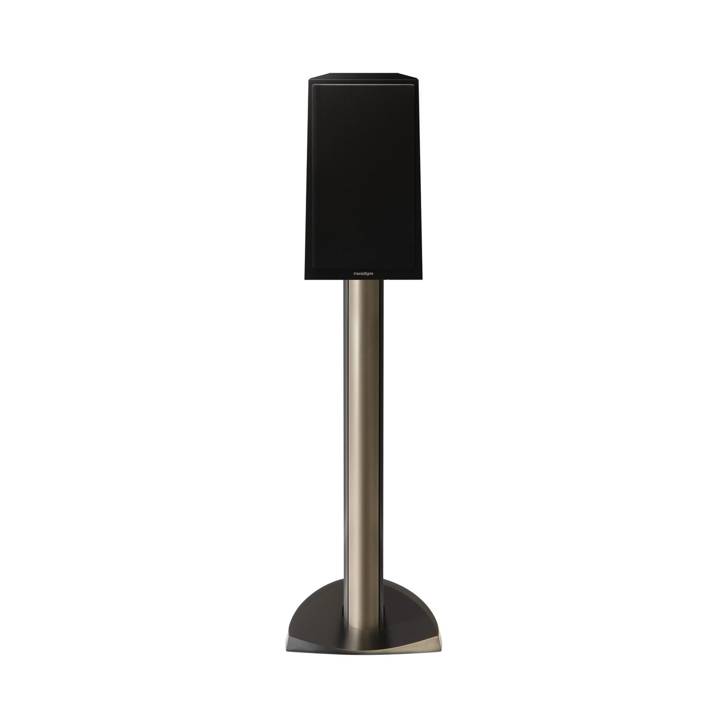 Paradigm Founder 40B Regallautsprecher Frontansicht mit montierter Abdeckung auf Standfuss, Black Gloss