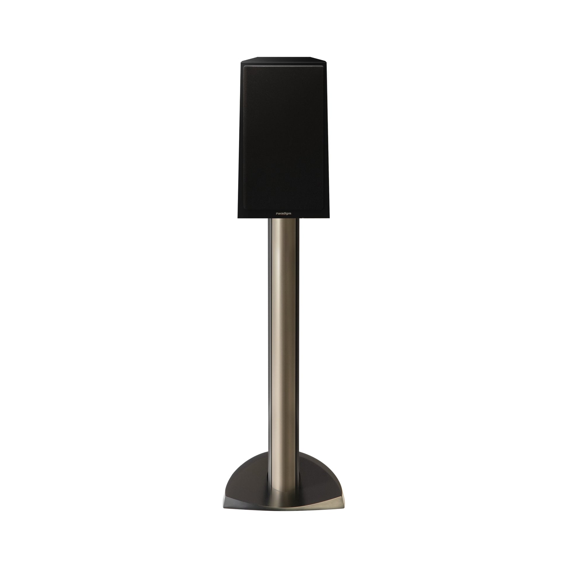 Paradigm Founder 40B Regallautsprecher Frontansicht mit montierter Abdeckung auf Standfuss, Black Gloss