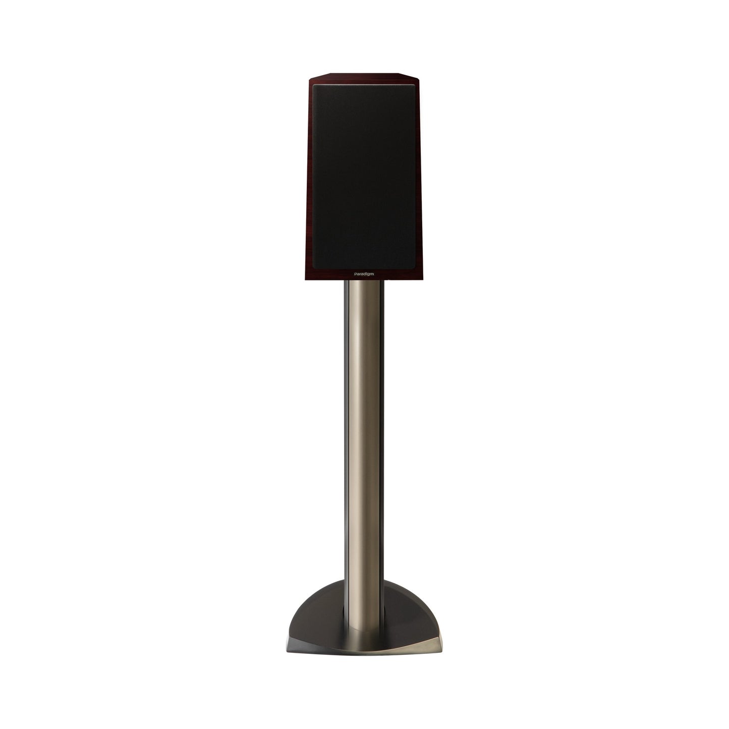 Paradigm Founder 40B Regallautsprecher Frontansicht mit montierter Abdeckung auf Standfuss, Midnight Cherry