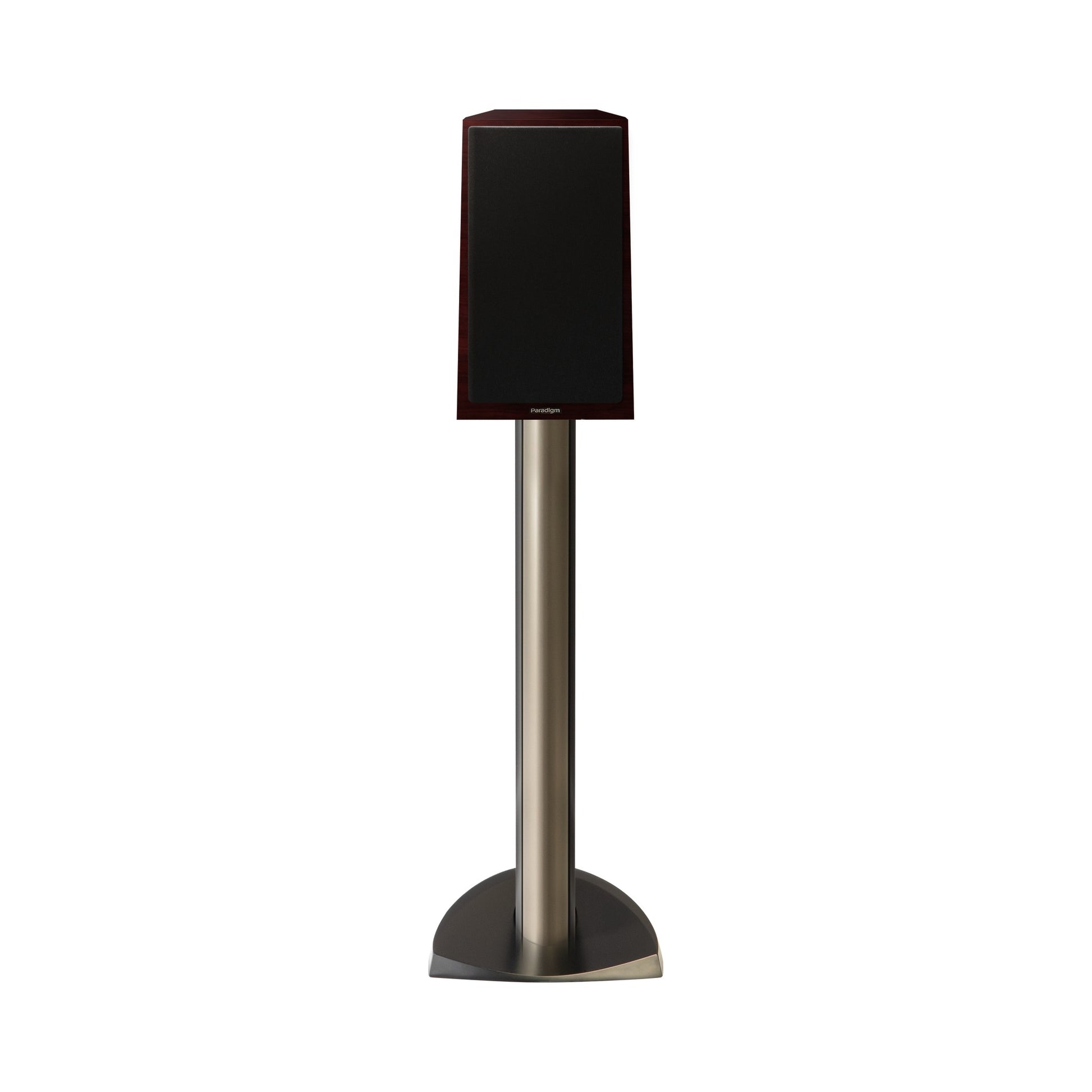 Paradigm Founder 40B Regallautsprecher Frontansicht mit montierter Abdeckung auf Standfuss, Midnight Cherry