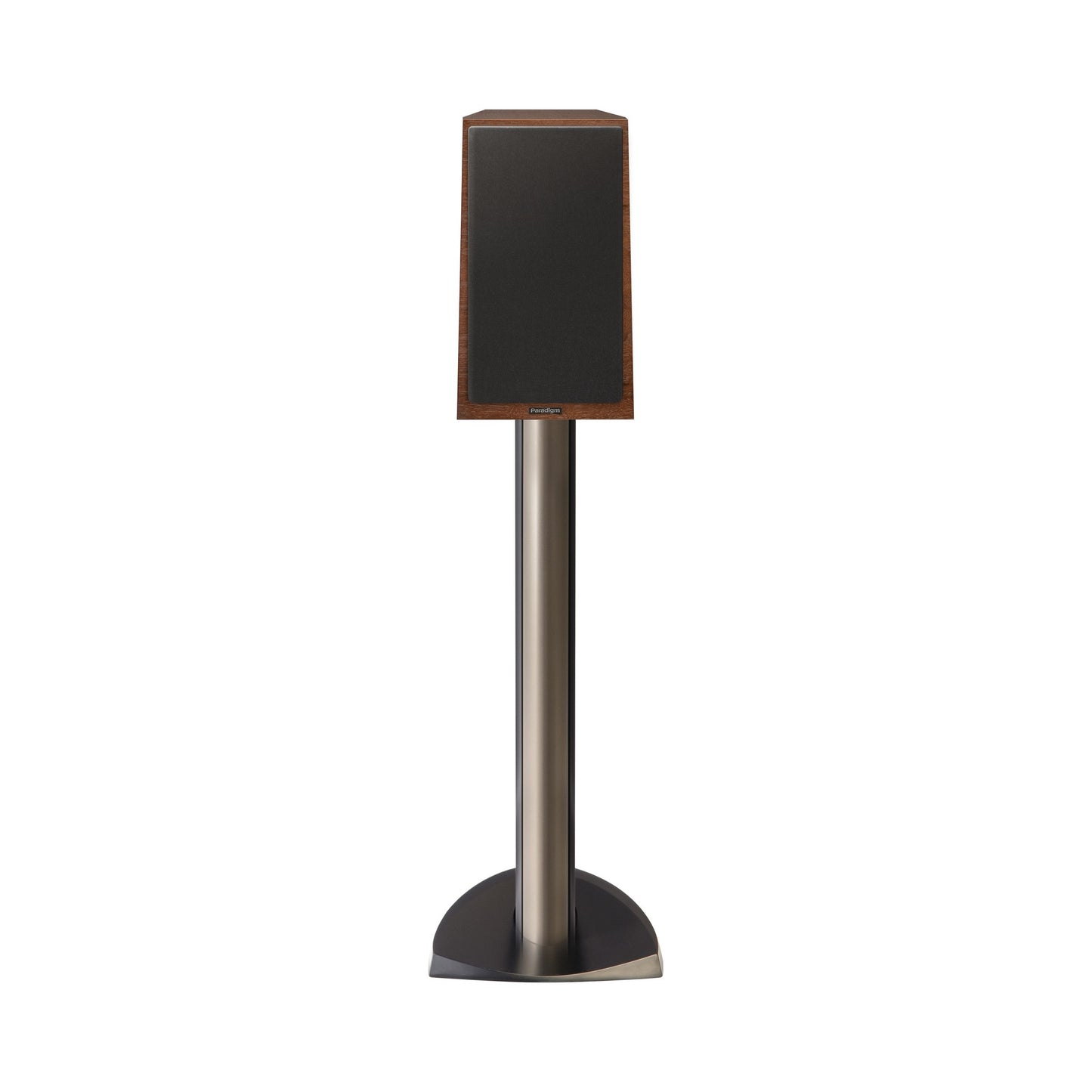 Paradigm Founder 40B Regallautsprecher Frontansicht mit montierter Abdeckung auf Standfuss, Walnut