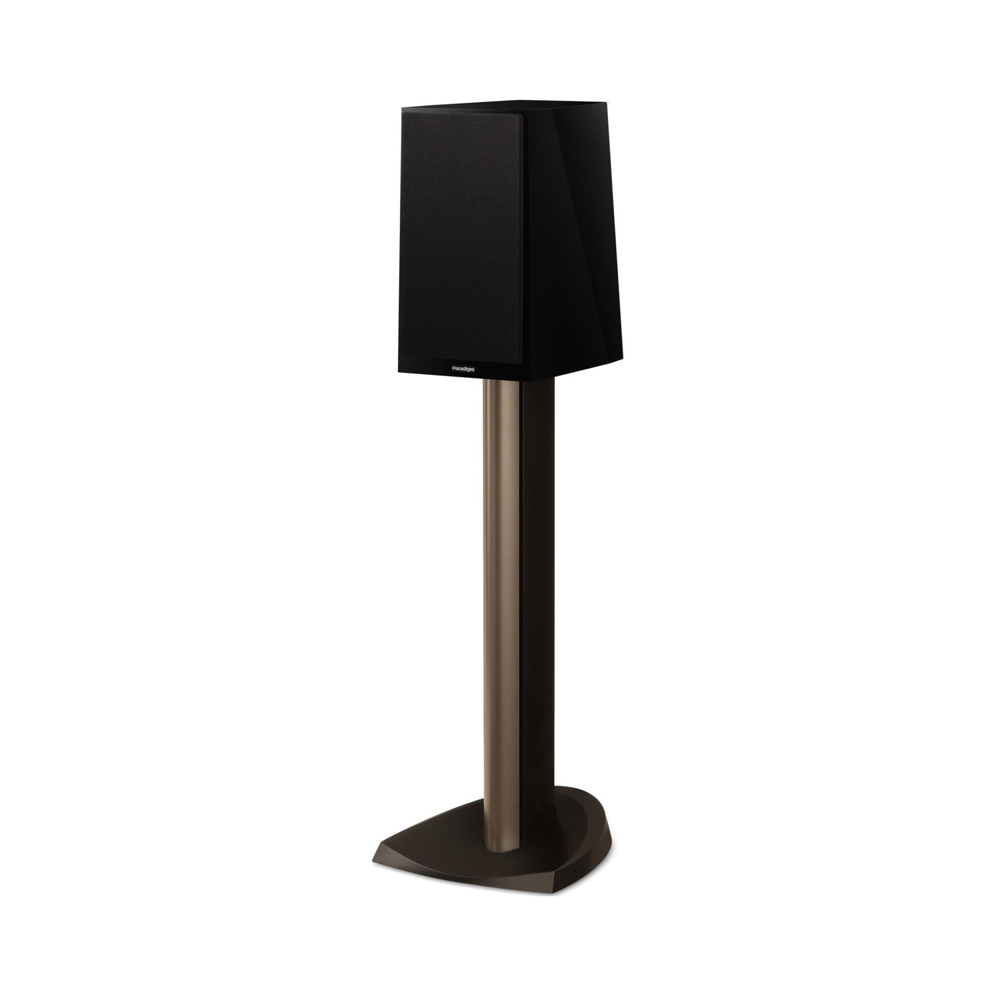 Paradigm Founder 40B Regallautsprecher Schrägansicht mit montierter Abdeckung auf Standfuss, Black Gloss