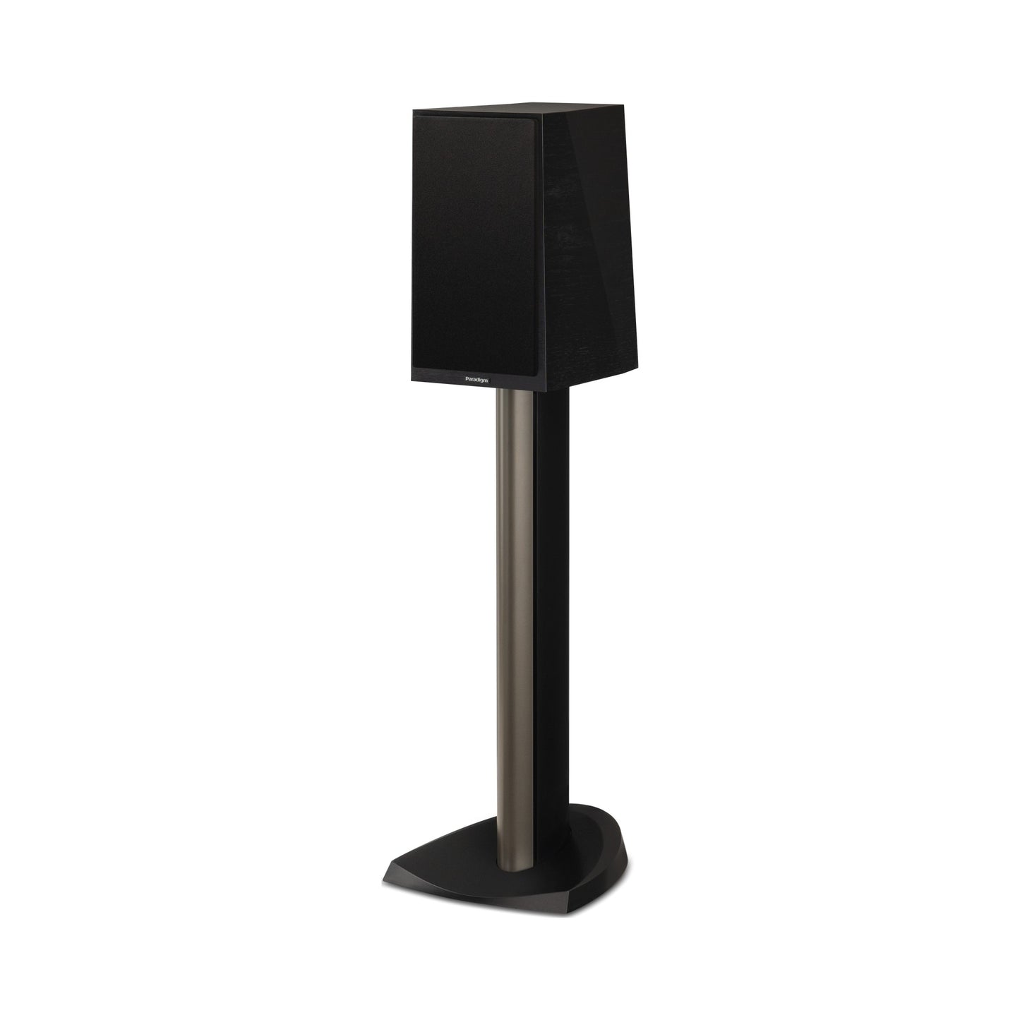 Paradigm Founder 40B Regallautsprecher Schrägansicht mit montierter Abdeckung auf Standfuss, Black Walnut