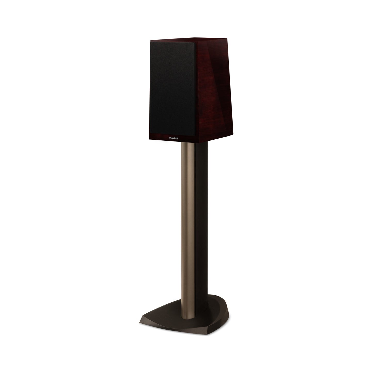 Paradigm Founder 40B Regallautsprecher Schrägansicht mit montierter Abdeckung auf Standfuss, Midnight Cherry