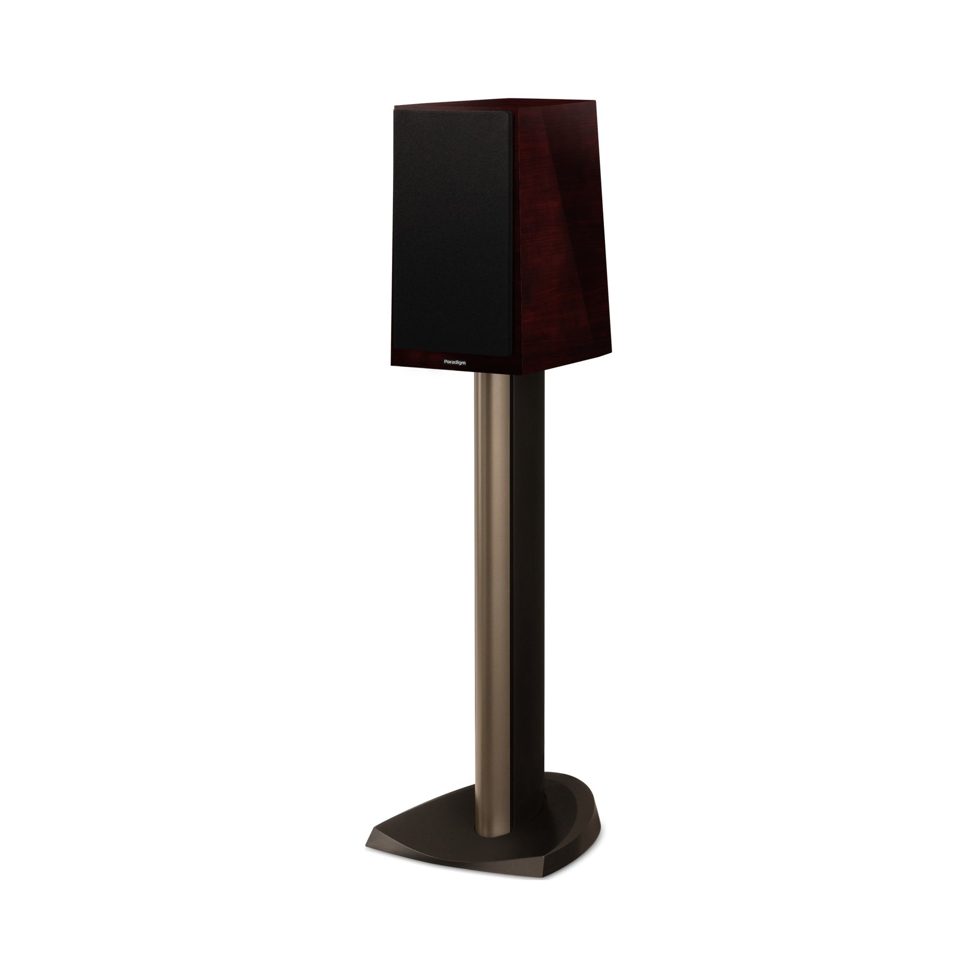 Paradigm Founder 40B Regallautsprecher Schrägansicht mit montierter Abdeckung auf Standfuss, Midnight Cherry