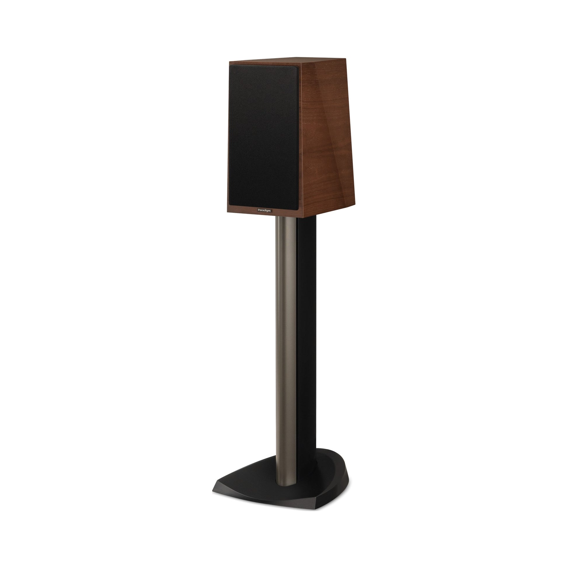 Paradigm Founder 40B Regallautsprecher Schrägansicht mit montierter Abdeckung auf Standfuss, Walnut