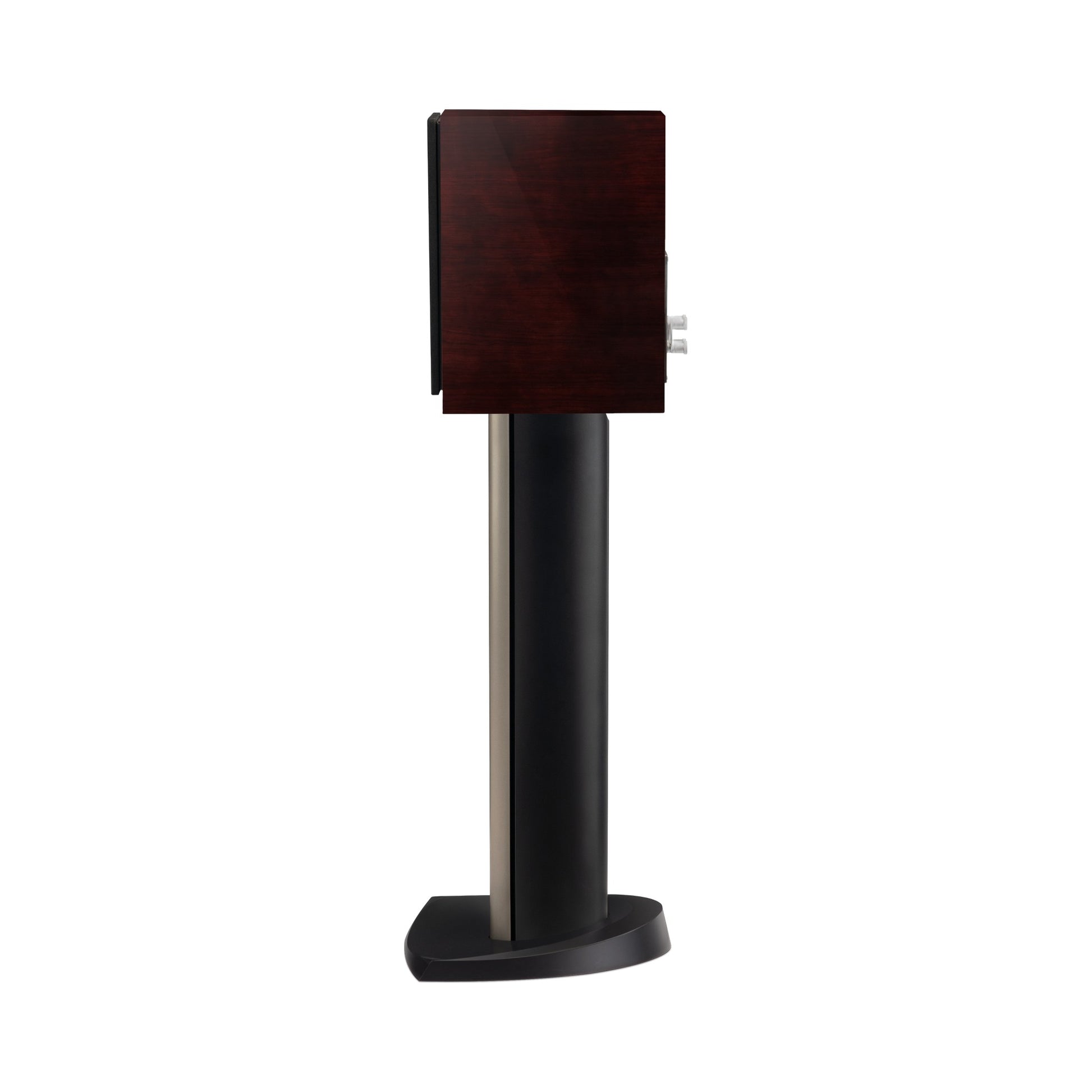 Paradigm Founder 40B Regallautsprecher Seitenansicht mit montierter Abdeckung auf Standfuss, Midnight Cherry