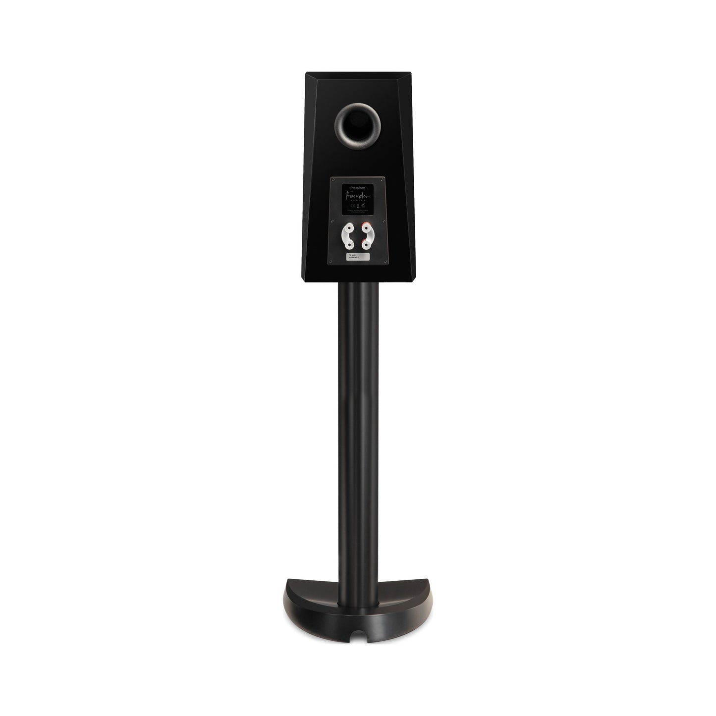 Paradigm Founder 40B Regallautsprecher Rückansicht mit Bi-Wiring-Anschlussfeld auf Standfuss, Black Gloss