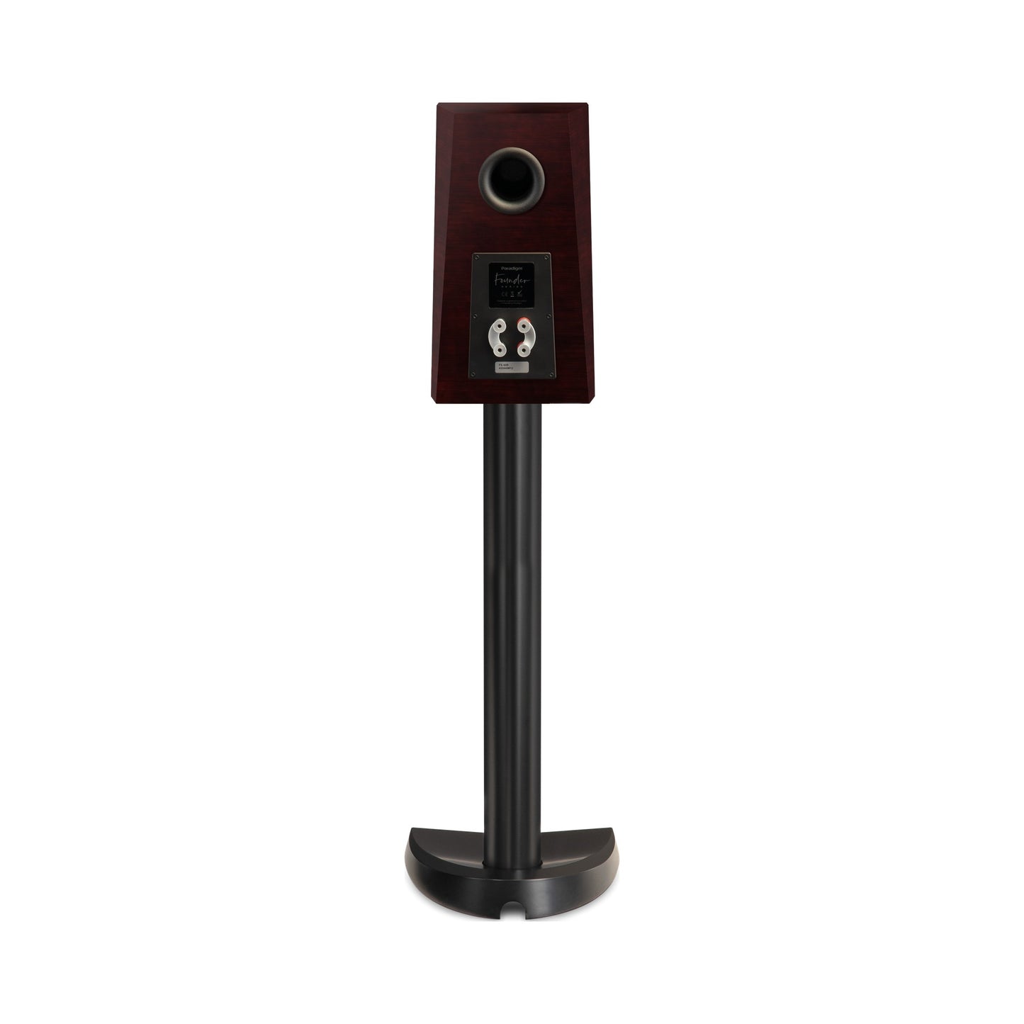 Paradigm Founder 40B Regallautsprecher Rückansicht mit Bi-Wiring-Anschlussfeld auf Standfuss, Midnight Cherry
