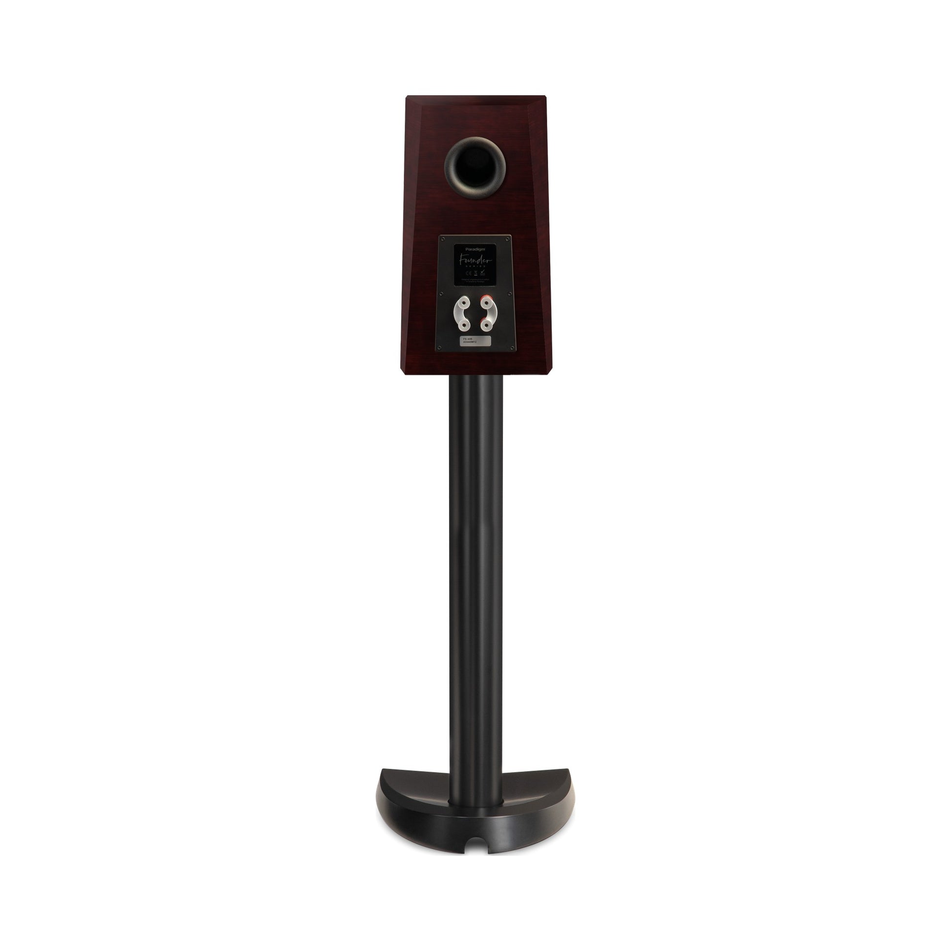 Paradigm Founder 40B Regallautsprecher Rückansicht mit Bi-Wiring-Anschlussfeld auf Standfuss, Midnight Cherry