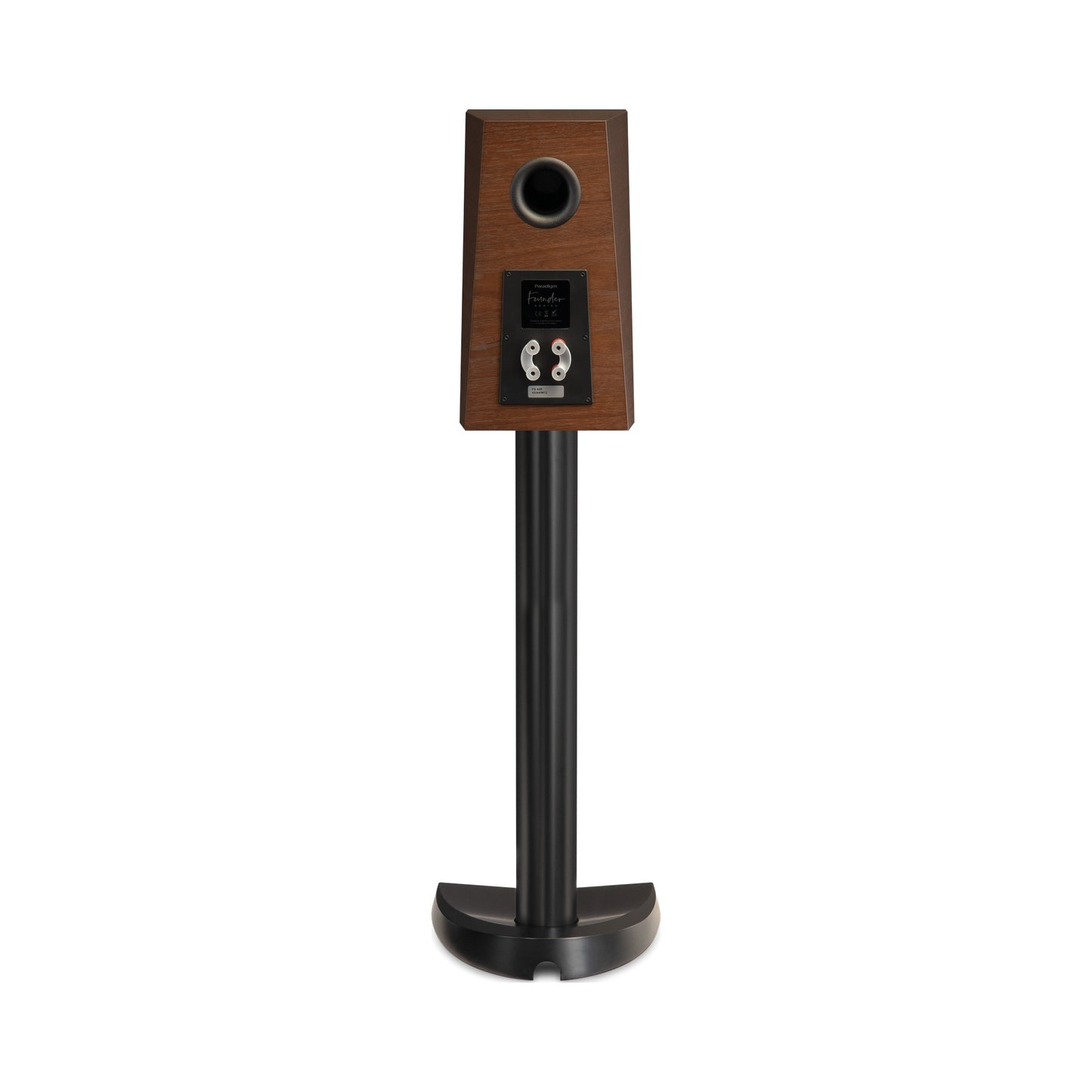 Paradigm Founder 40B Regallautsprecher Rückansicht mit Bi-Wiring-Anschlussfeld auf Standfuss, Walnut