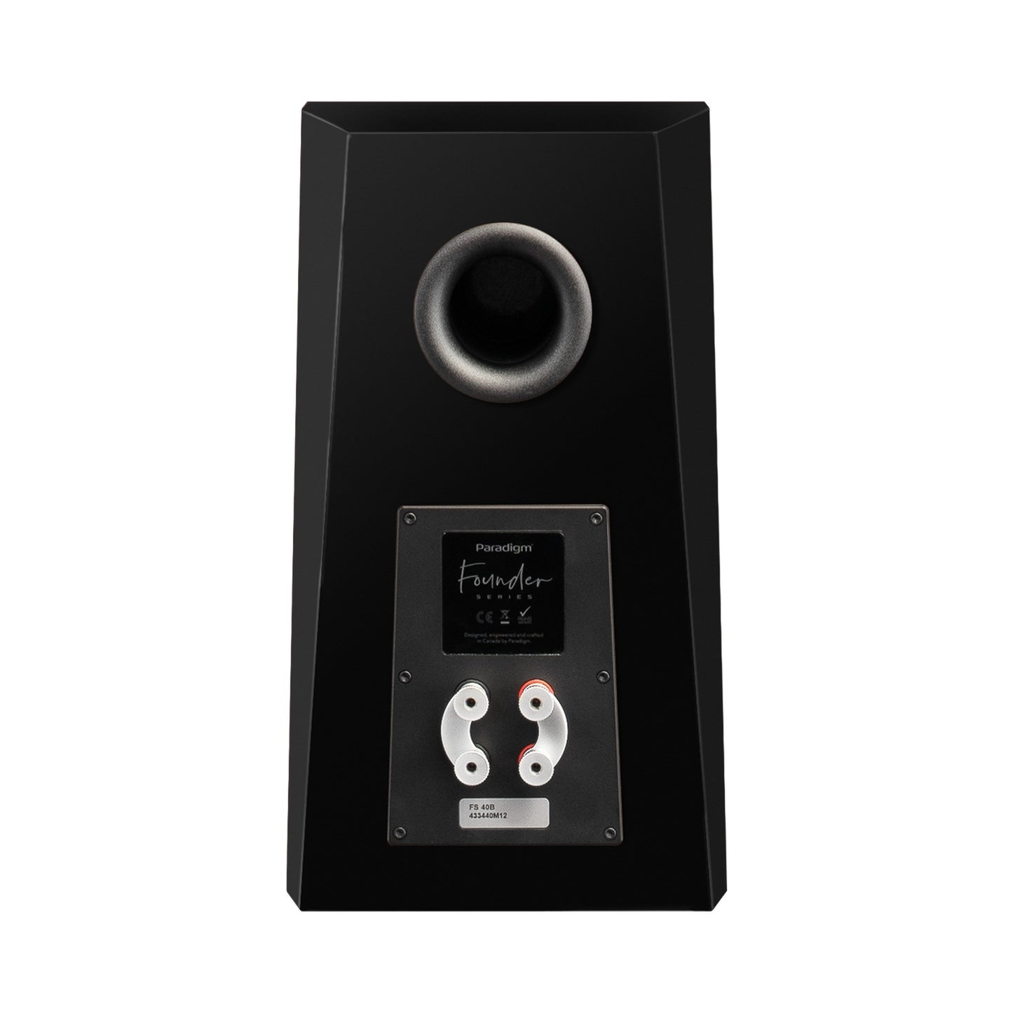 Paradigm Founder 40B Regallautsprecher Rückansicht mit Bi-Wiring-Anschlussfeld ohne Standfuss, Black Gloss