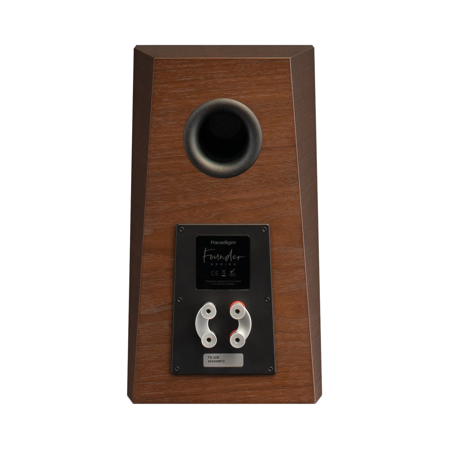 Paradigm Founder 40B Regallautsprecher Rückansicht mit Bi-Wiring-Anschlussfeld ohne Standfuss, Walnut