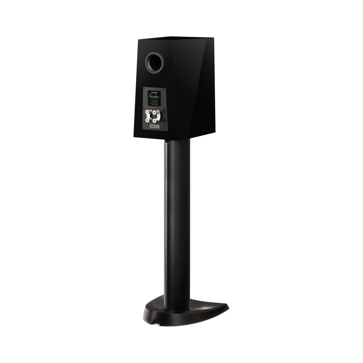Paradigm Founder 40B Regallautsprecher Rückansicht schräg mit Anschlussfeld auf Standfuss, Black Gloss