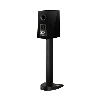 Paradigm Founder 40B Regallautsprecher Rückansicht schräg mit Anschlussfeld auf Standfuss, Black Gloss