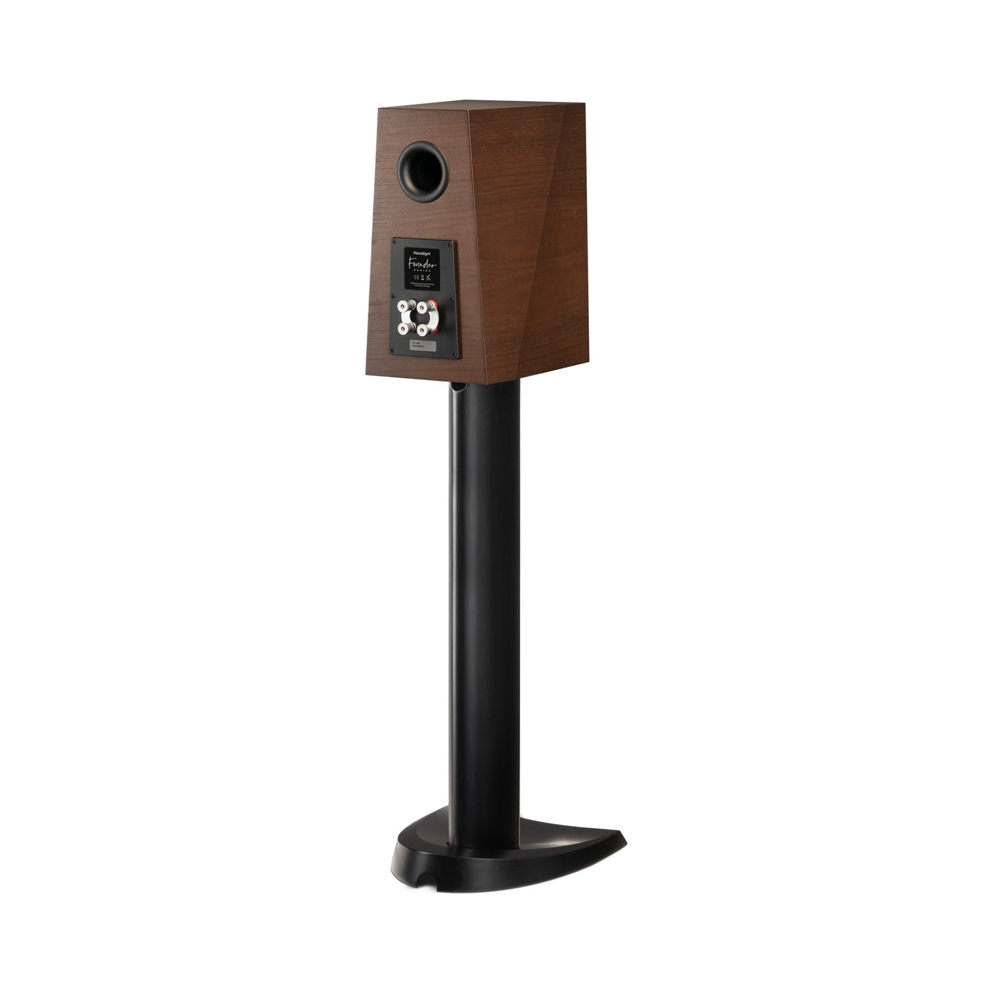 Paradigm Founder 40B Regallautsprecher Rückansicht schräg mit Anschlussfeld auf Standfuss, Walnut