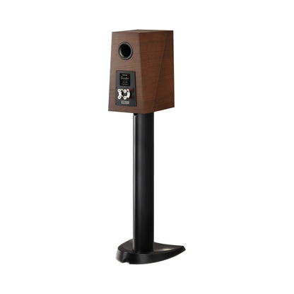 Paradigm Founder 40B Regallautsprecher Rückansicht schräg mit Anschlussfeld auf Standfuss, Walnut