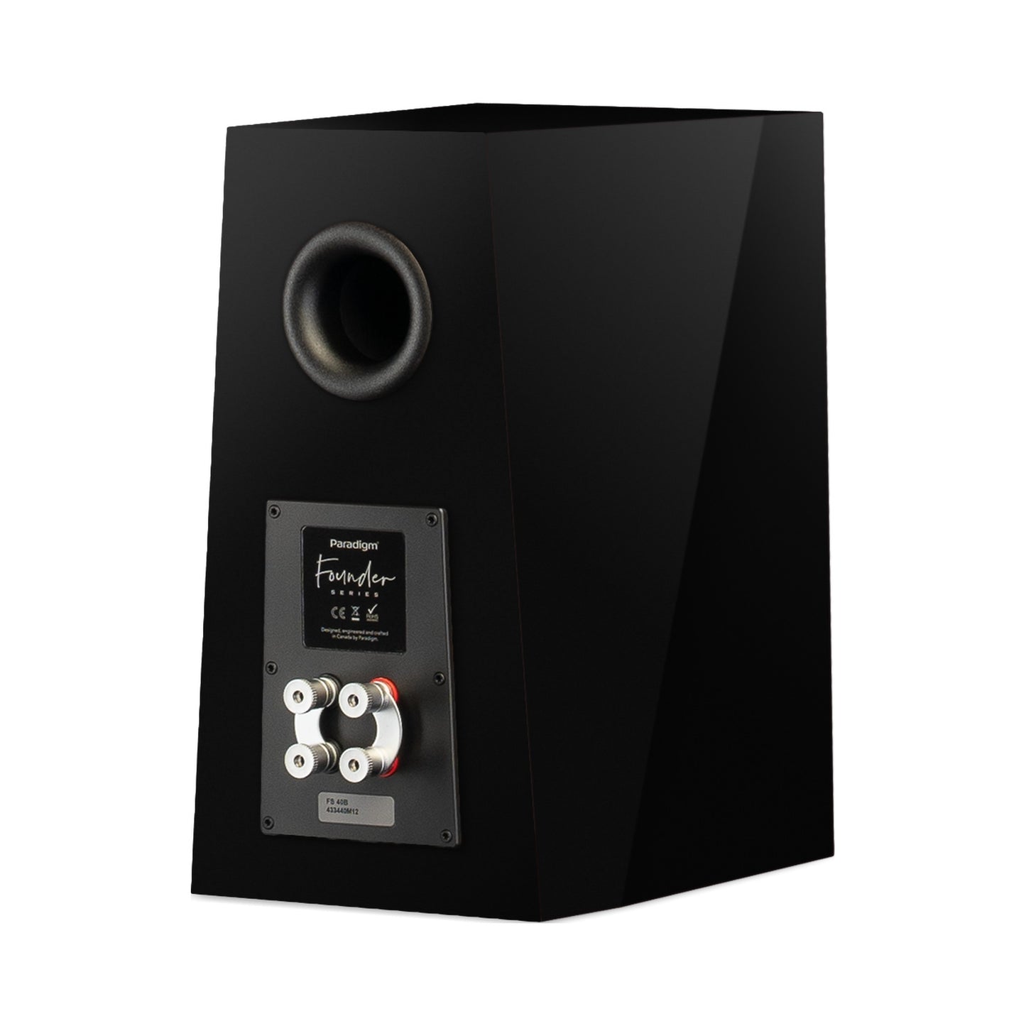 Paradigm Founder 40B Regallautsprecher Rückansicht schräg mit Anschlussfeld ohne Standfuss, Black Gloss