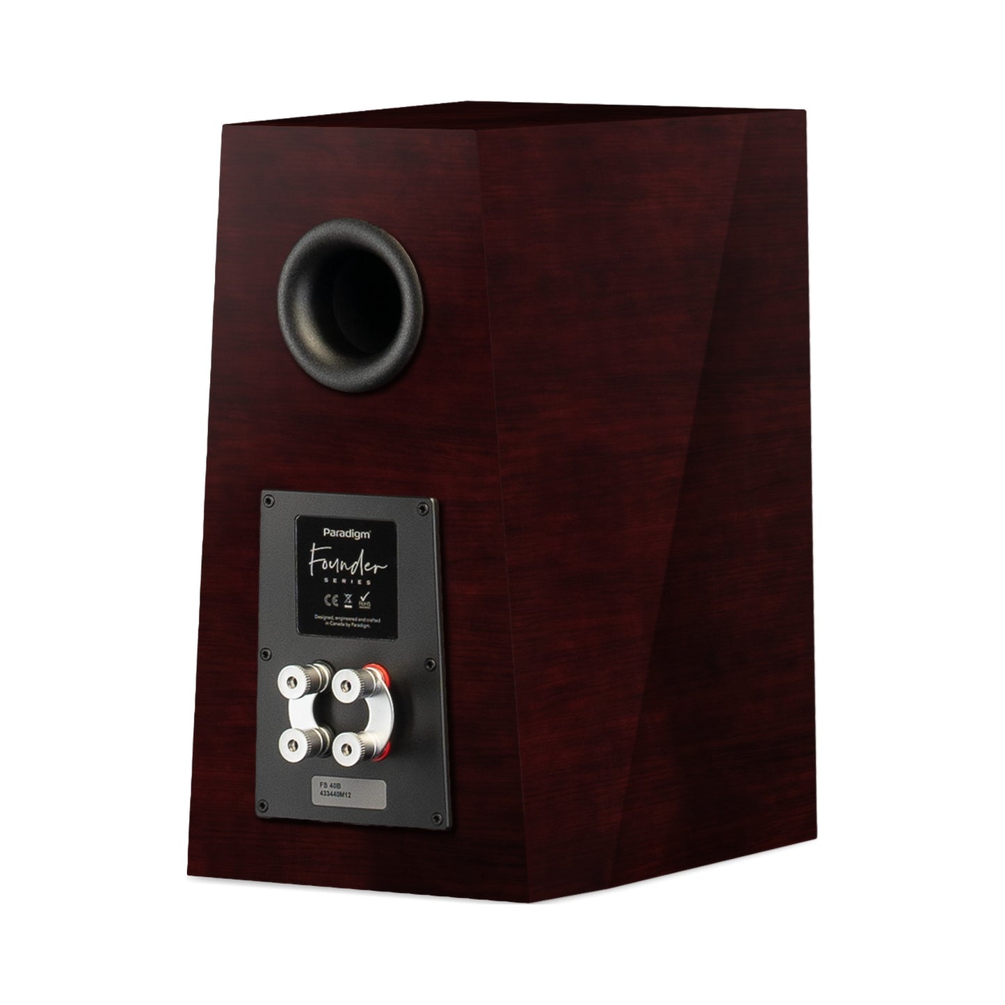 Paradigm Founder 40B Regallautsprecher Rückansicht schräg mit Anschlussfeld ohne Standfuss, Midnight Cherry