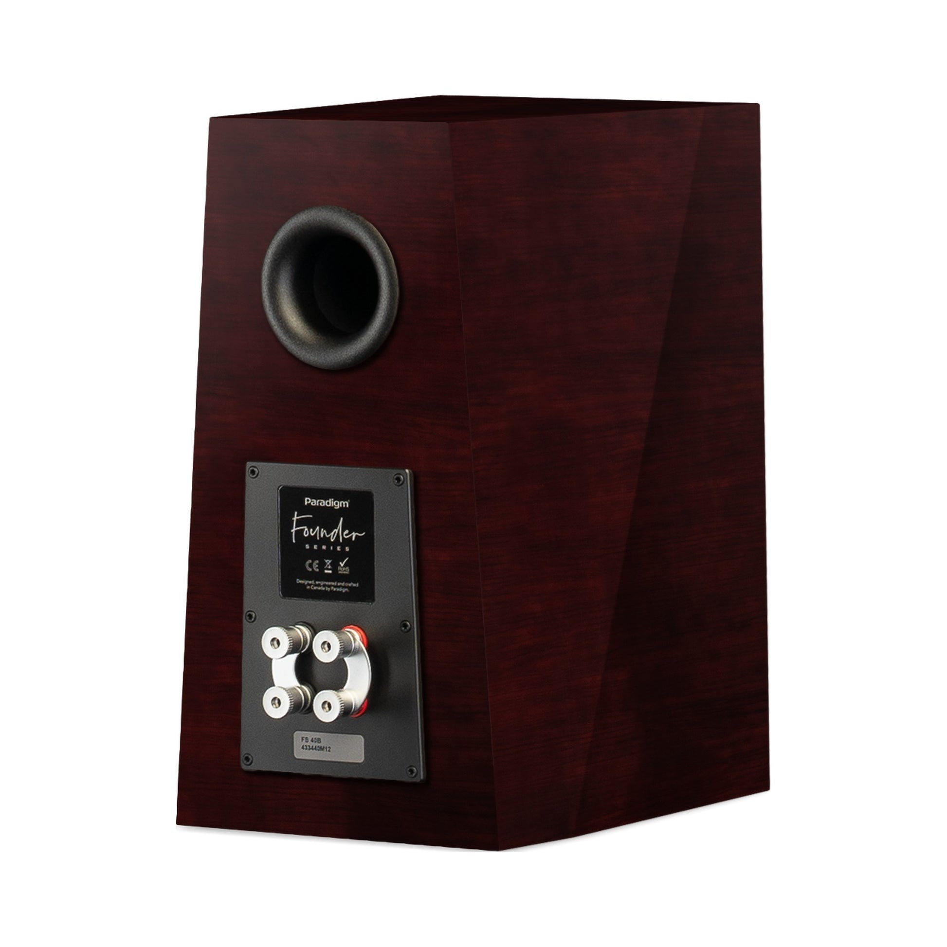 Paradigm Founder 40B Regallautsprecher Rückansicht schräg mit Anschlussfeld ohne Standfuss, Midnight Cherry