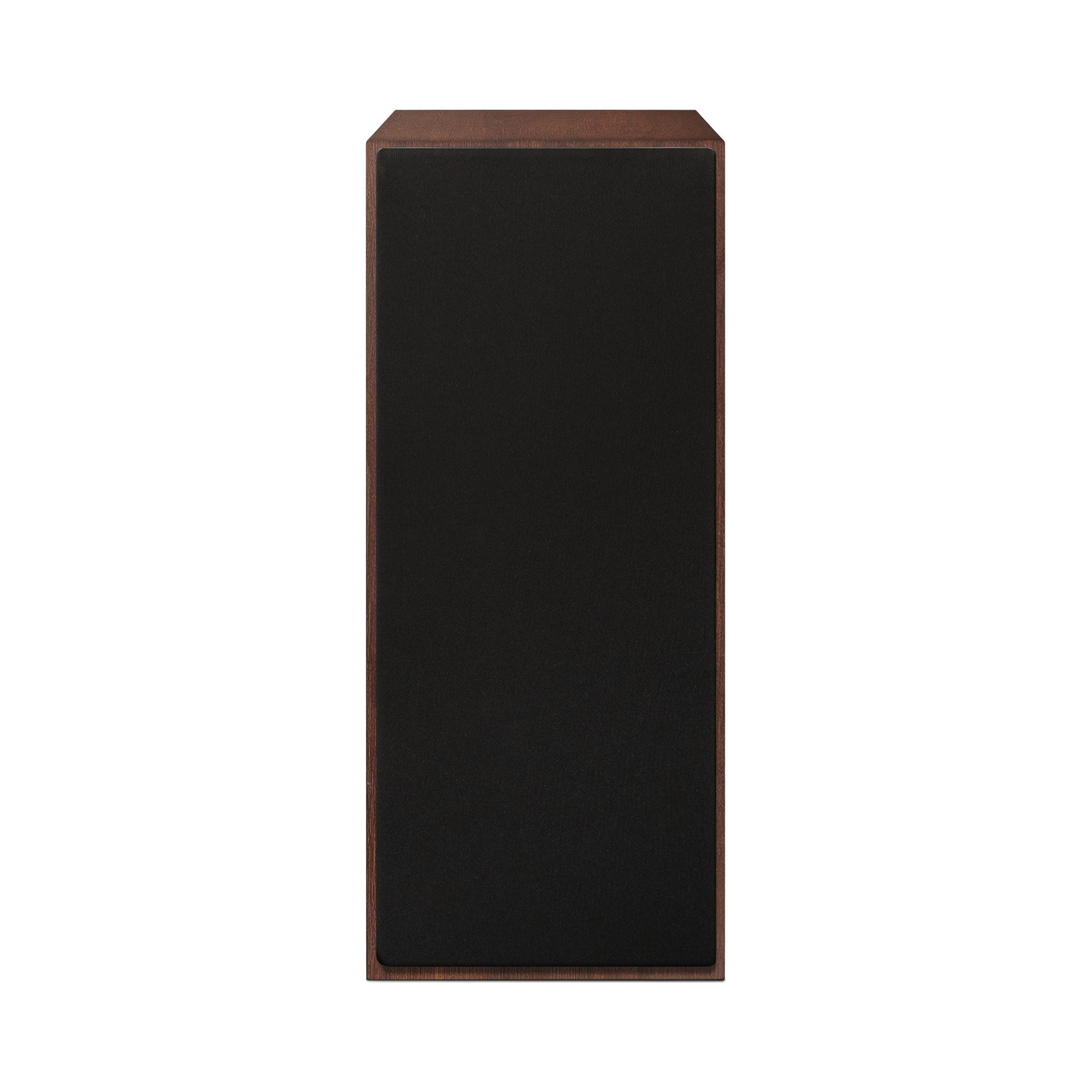 Paradigm Founder 70LCR Lautsprecher Frontansicht mit montierter Abdeckung aufrecht aufgestellt, Walnut