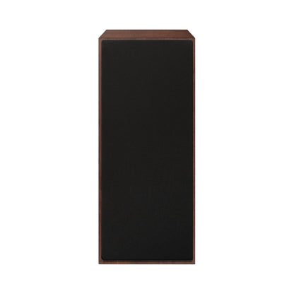 Paradigm Founder 70LCR Lautsprecher Frontansicht mit montierter Abdeckung aufrecht aufgestellt, Walnut