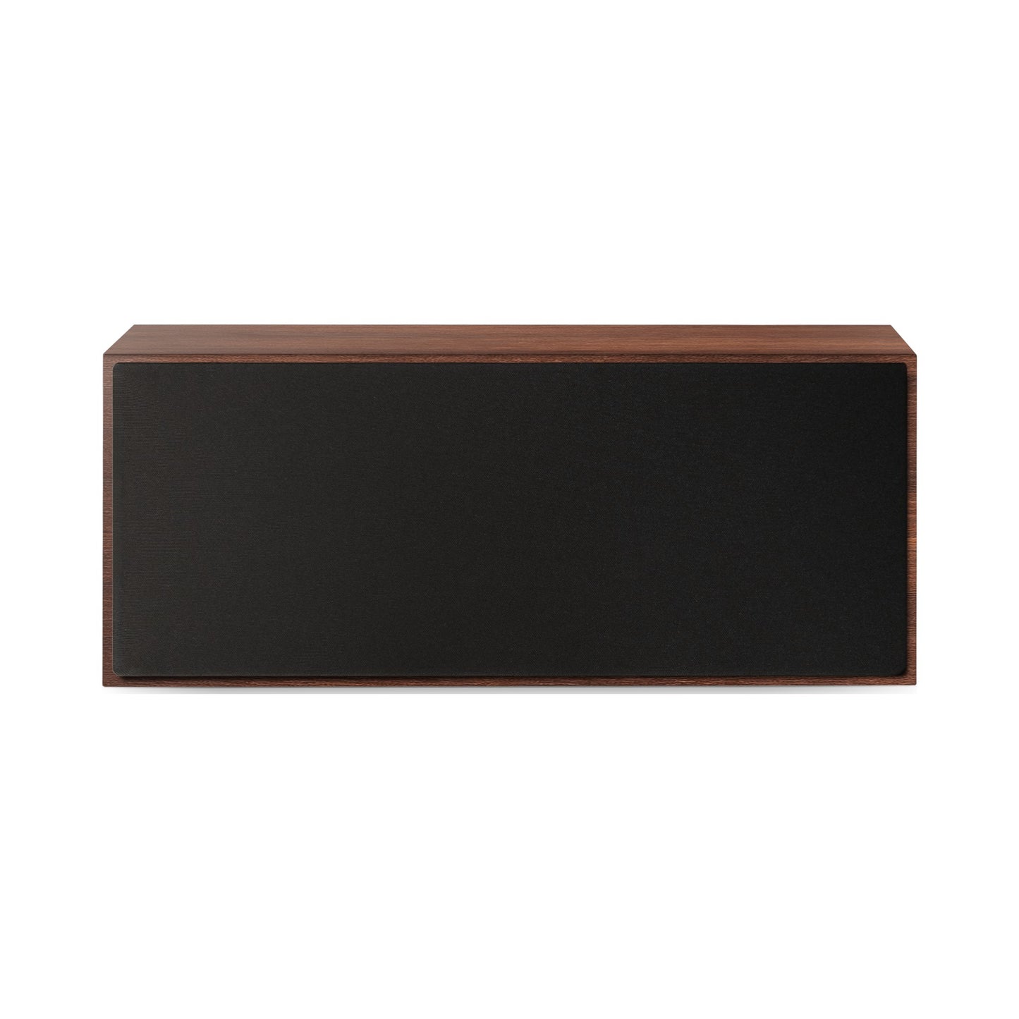 Paradigm Founder 70LCR Lautsprecher Frontansicht mit montierter Abdeckung liegend aufgestellt, Walnut