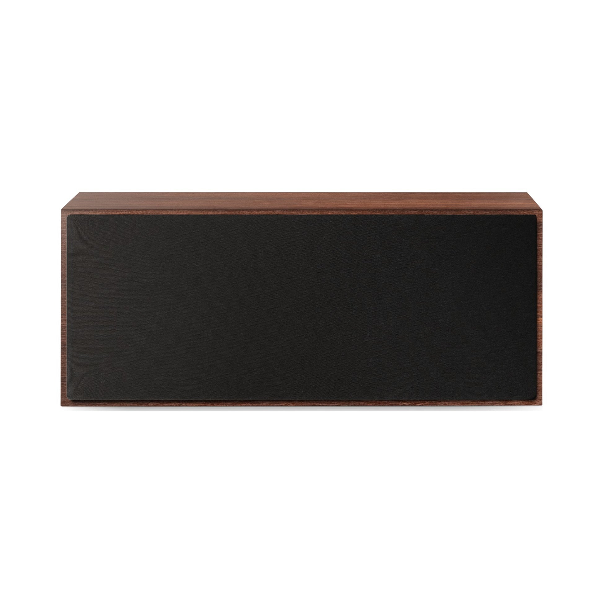 Paradigm Founder 70LCR Lautsprecher Frontansicht mit montierter Abdeckung liegend aufgestellt, Walnut