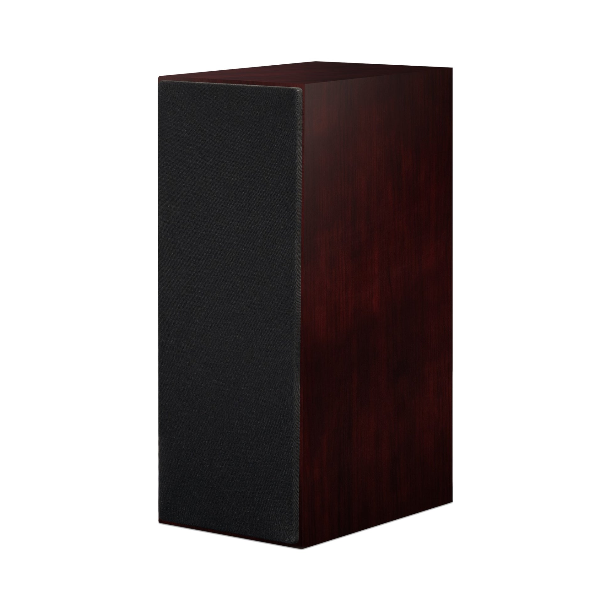 Paradigm Founder 70LCR Lautsprecher Schrägansicht mit montierter Abdeckung aufrecht aufgestellt, Midnight Cherry