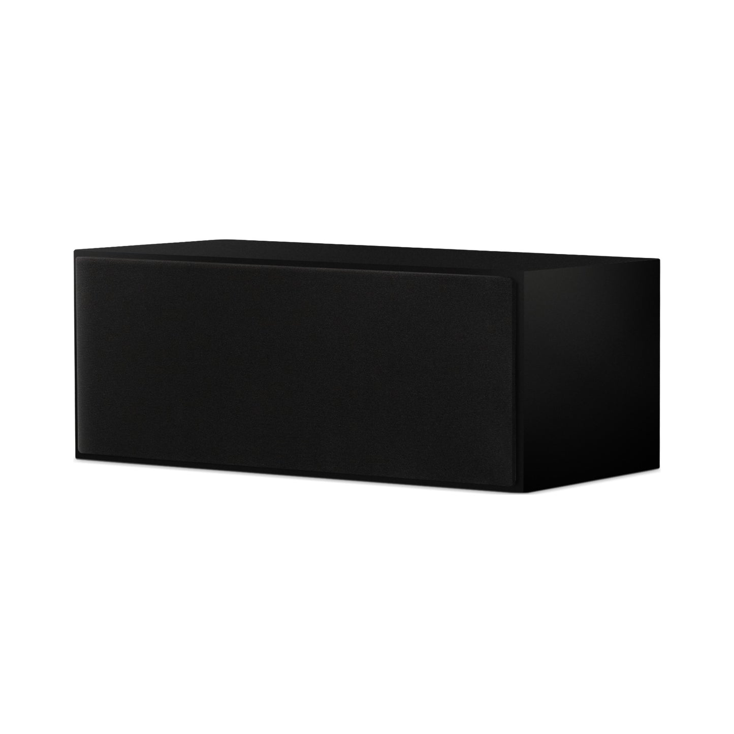 Paradigm Founder 70LCR Lautsprecher Schrägansicht mit montierter Abdeckung liegend aufgestellt, Black Gloss