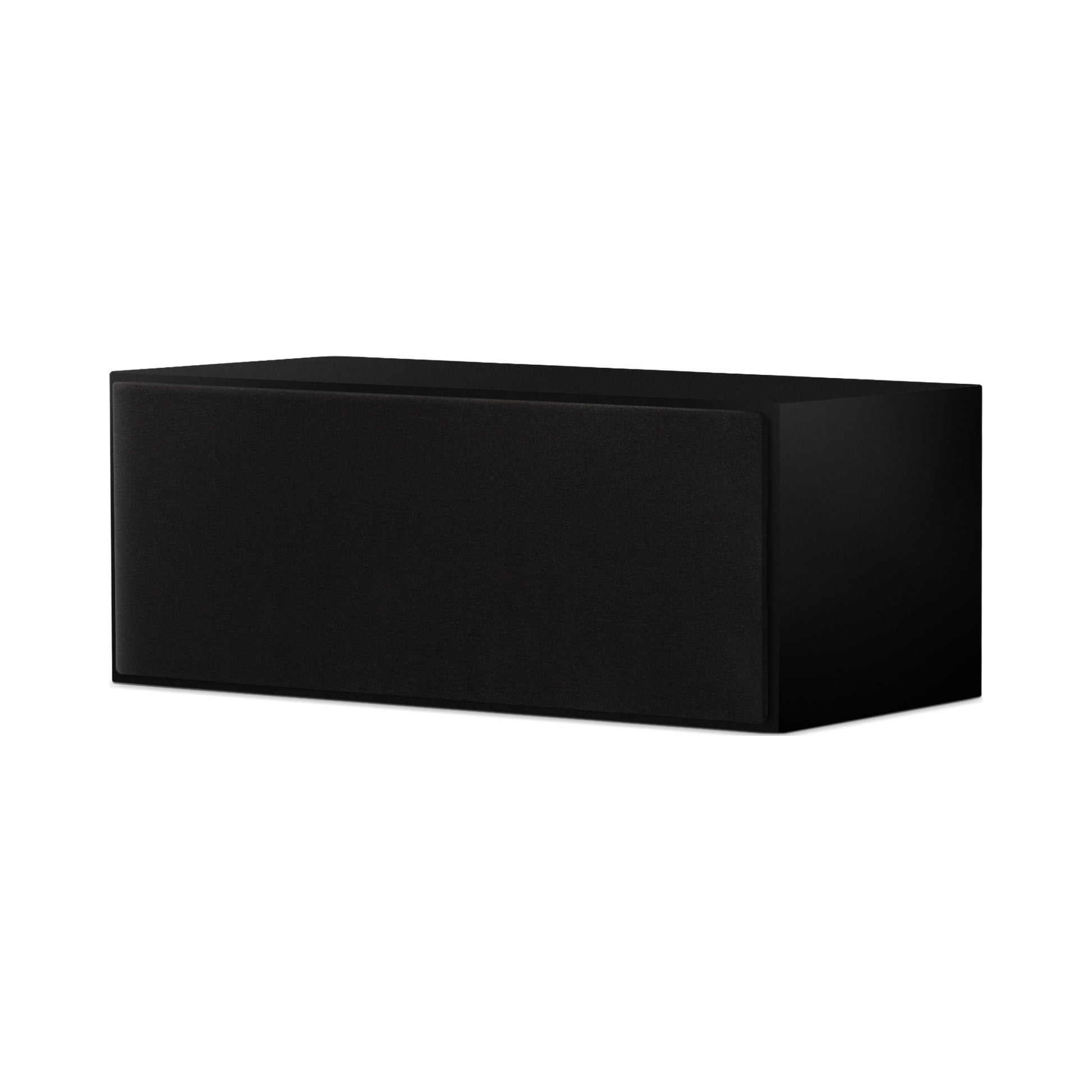 Paradigm Founder 70LCR Lautsprecher Schrägansicht mit montierter Abdeckung liegend aufgestellt, Black Gloss