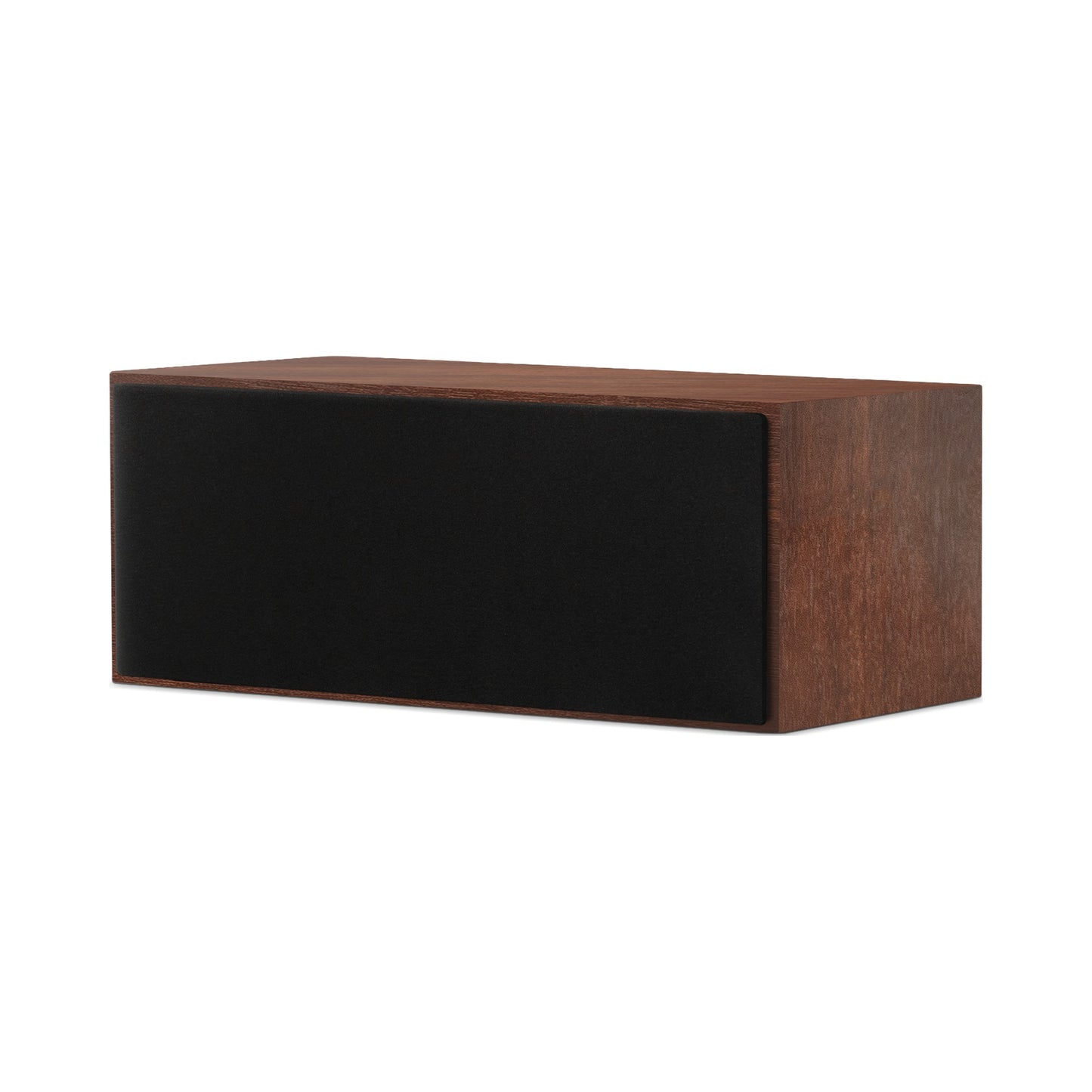 Paradigm Founder 70LCR Lautsprecher Schrägansicht mit montierter Abdeckung liegend aufgestellt, Walnut
