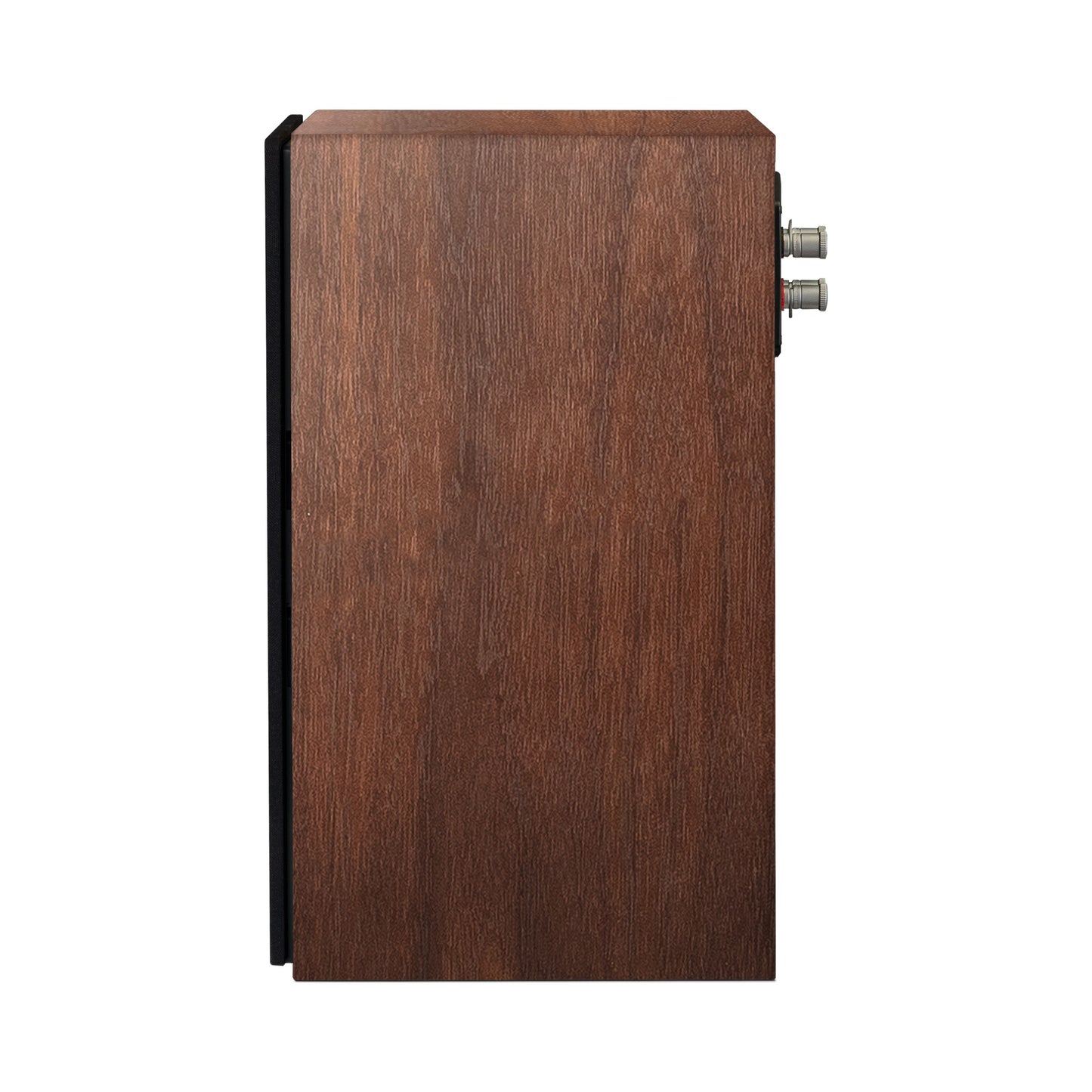 Paradigm Founder 70LCR Lautsprecher Seitenansicht mit montierter Abdeckung aufrecht aufgestellt, Walnut