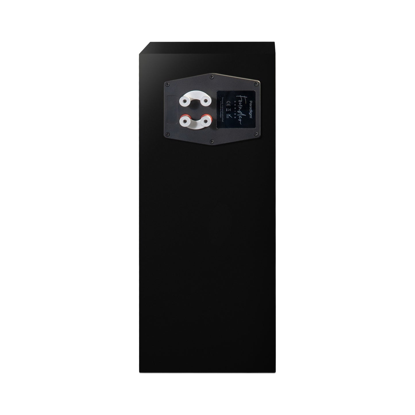 Paradigm Founder 70LCR Lautsprecher Rückansicht mit Bi-Wiring-Anschlussfeld aufrecht aufgestellt, Black Gloss