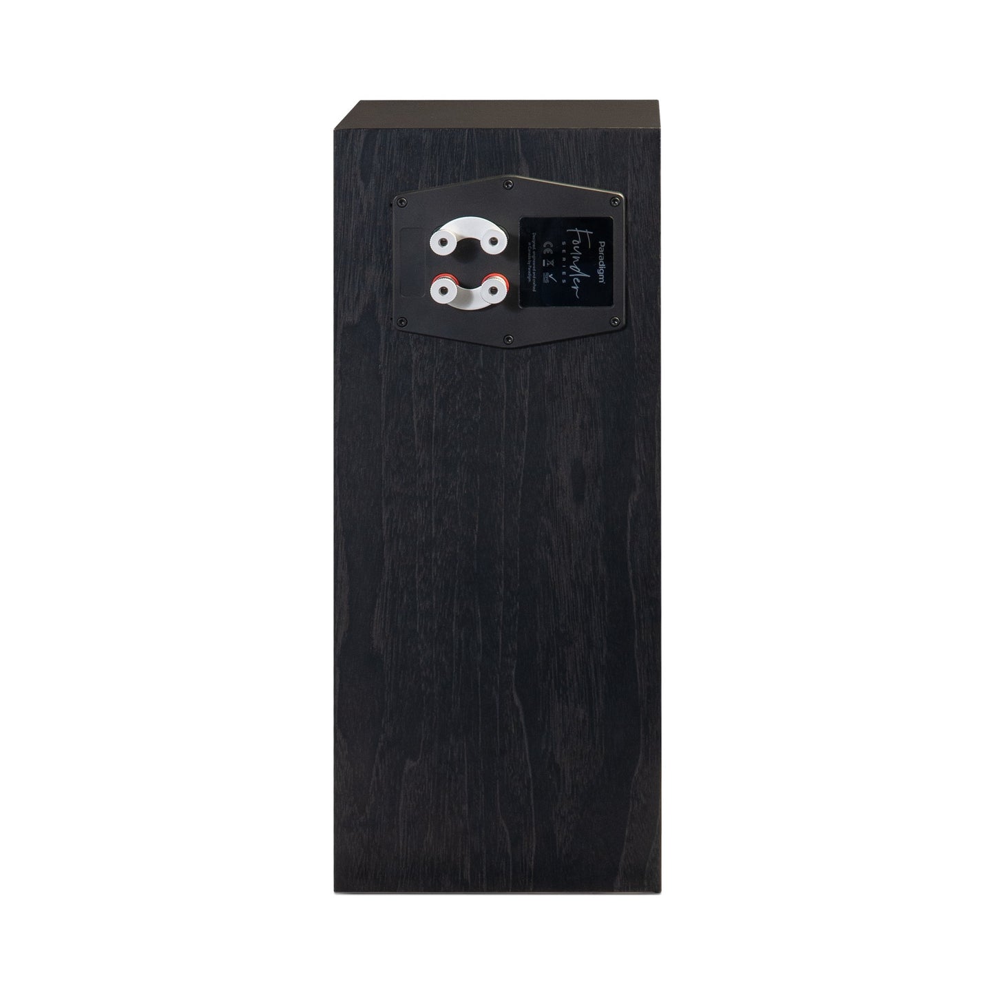 Paradigm Founder 70LCR Lautsprecher Rückansicht mit Bi-Wiring-Anschlussfeld aufrecht aufgestellt, Black Walnut
