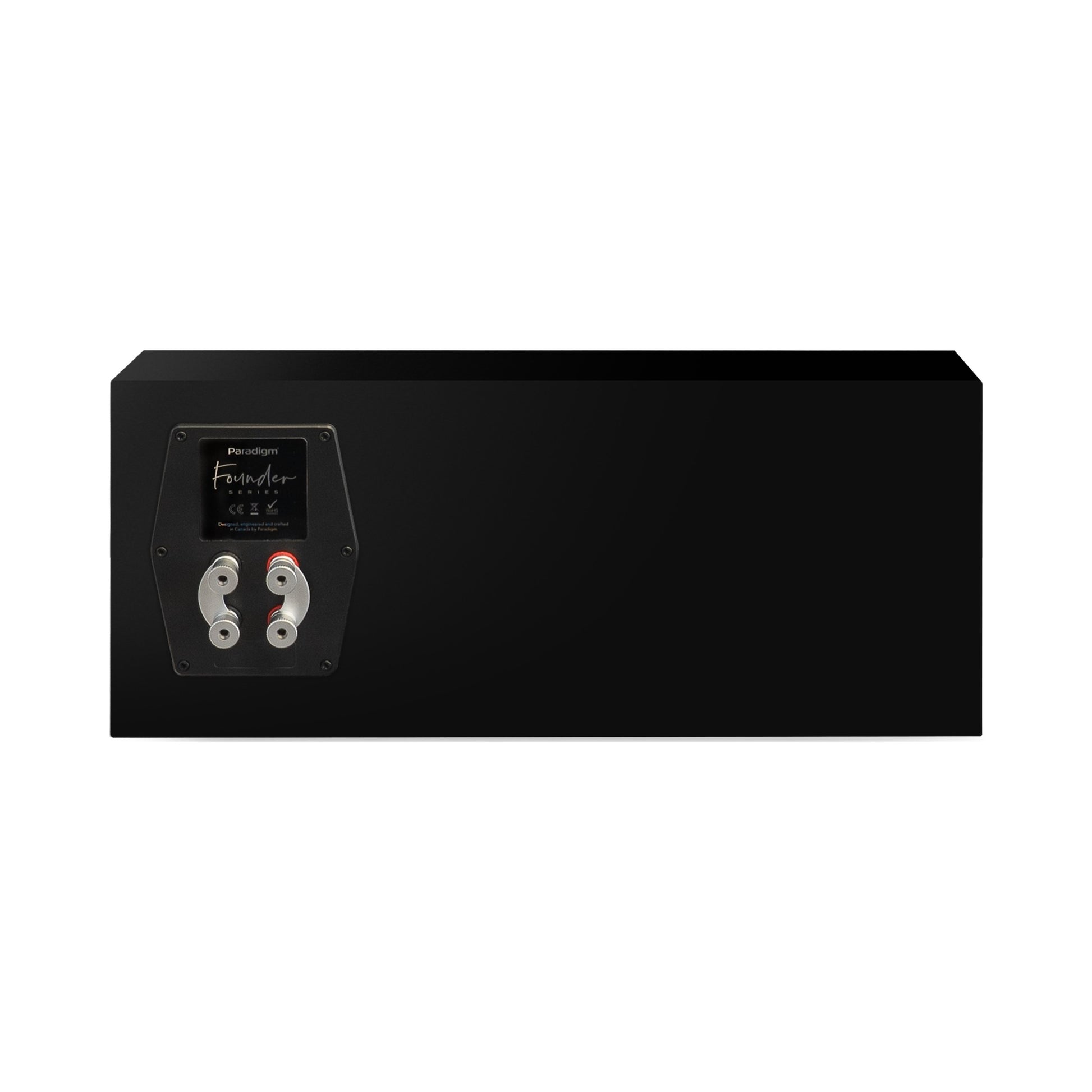Paradigm Founder 70LCR Lautsprecher Rückansicht mit Bi-Wiring-Anschlussfeld liegend aufgestellt, Black Gloss