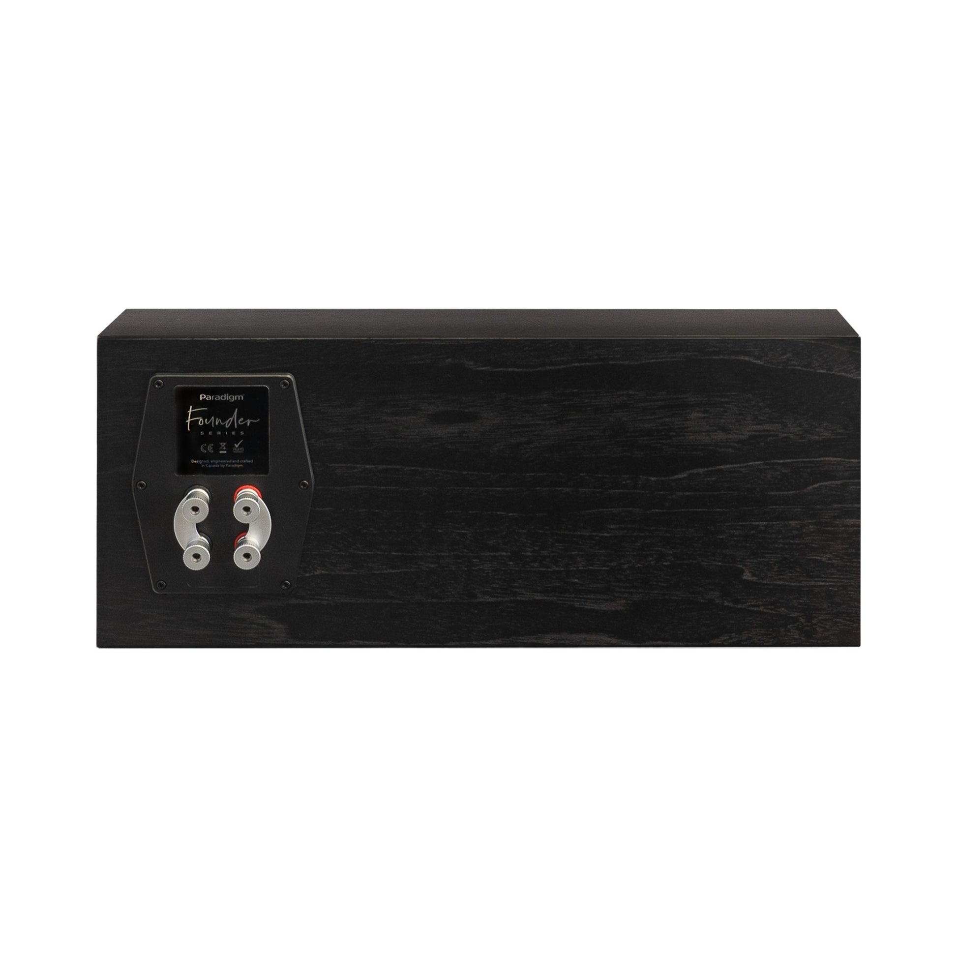 Paradigm Founder 70LCR Lautsprecher Rückansicht mit Bi-Wiring-Anschlussfeld liegend aufgestellt, Black Walnut