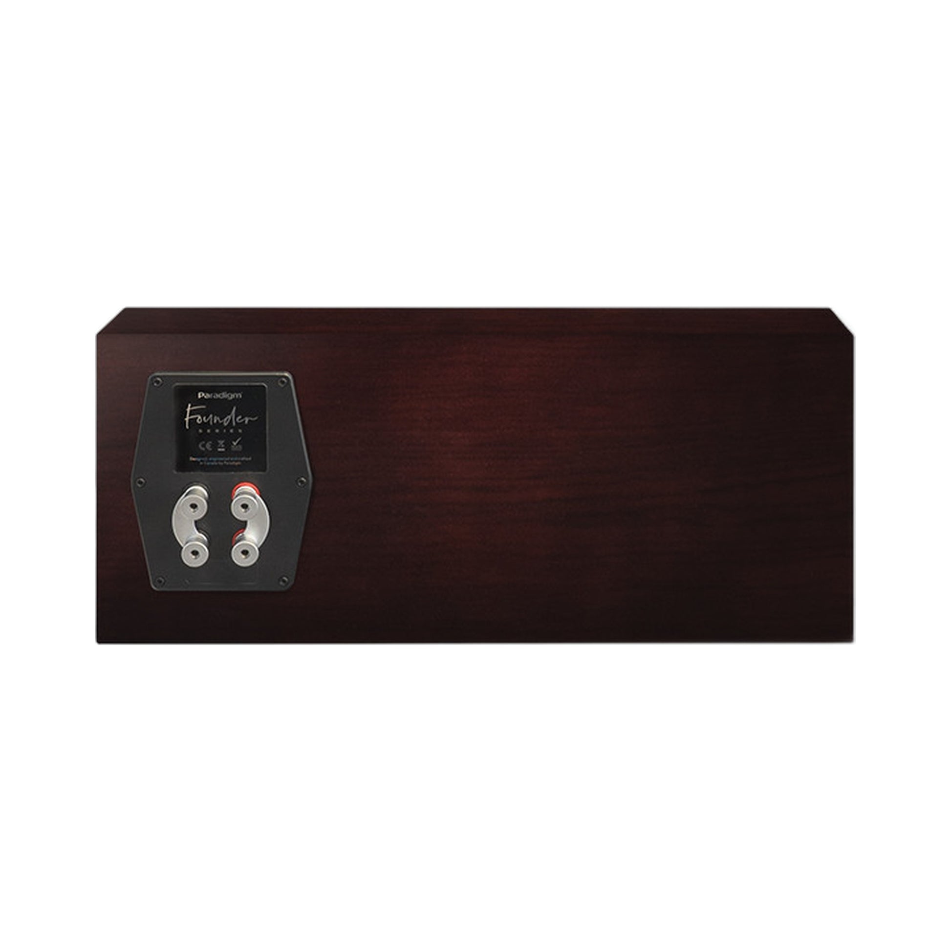 Paradigm Founder 70LCR Lautsprecher Rückansicht mit Bi-Wiring-Anschlussfeld liegend aufgestellt, Midnight Cherry